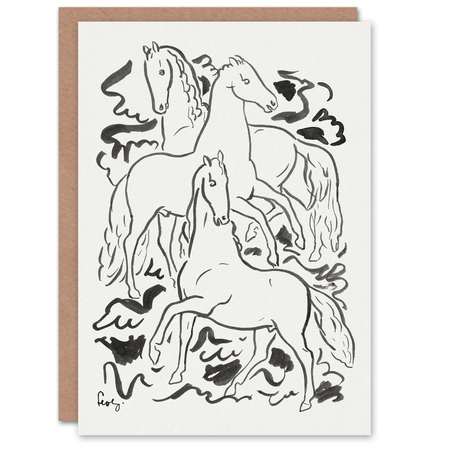 Leo Gestel Art Card Three Horses Ink Drawing