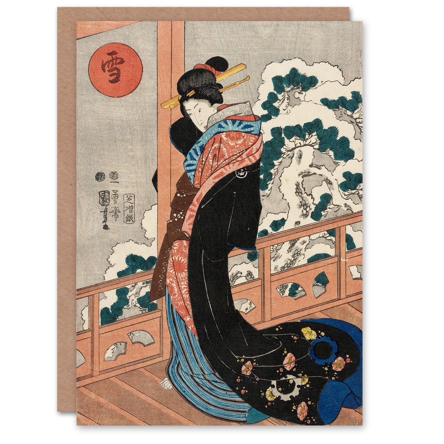 Kuniyoshi Art Card Beauty on a Veranda Vintage Japanese Ukiyoe