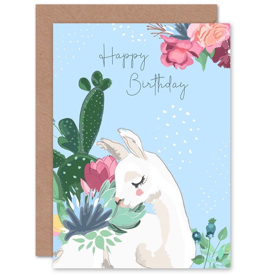 Llama Succulents Flowers Blue Birthday Card
