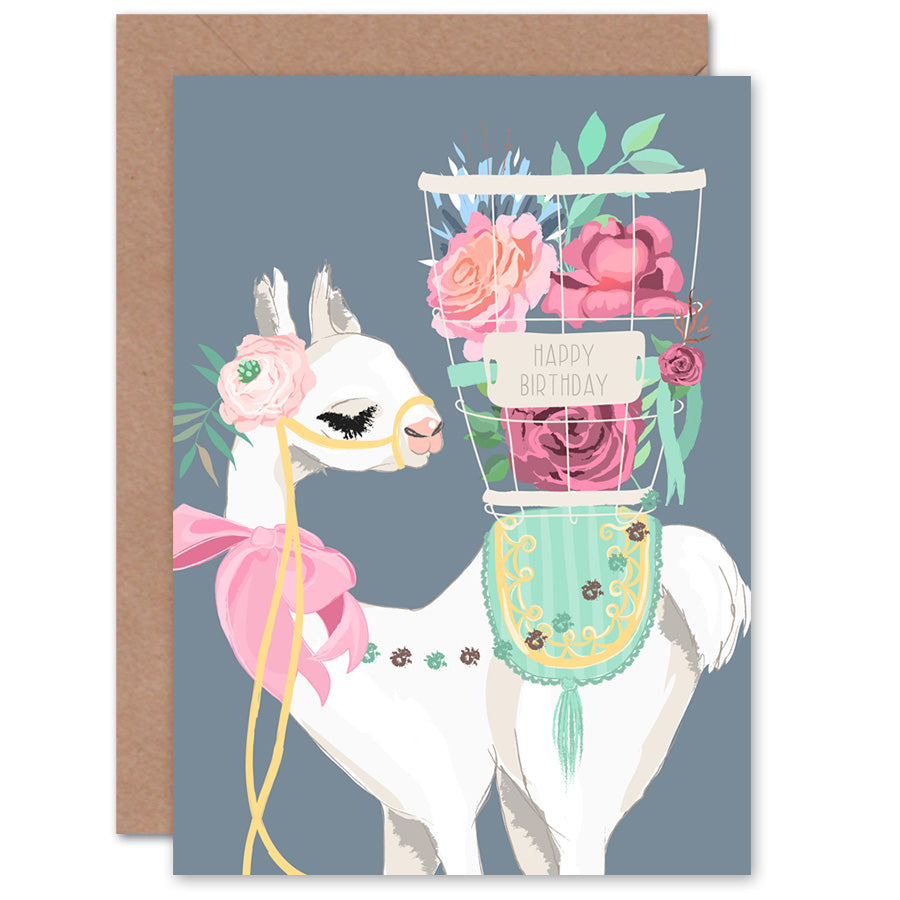 Llama with Bow and Flower Basket Birthday Card