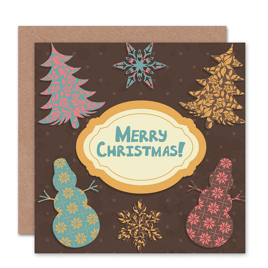 Merry Xmas Snowman Tree Vintage Pattern Christmas Card