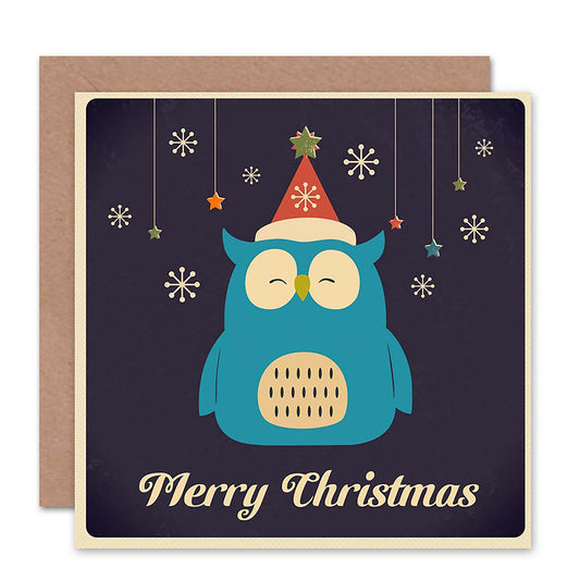 Merry Xmas Cartoon Owl Snowflakes Christmas Card