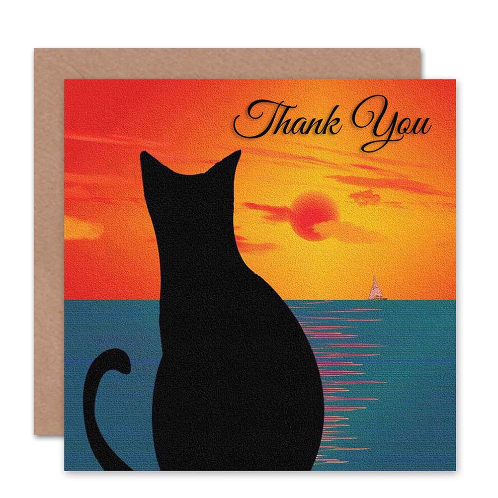 Cat Animal Sunset Sea Boat Illustration Thank You Card