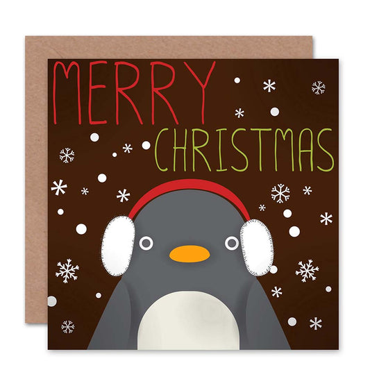 Cute Penguin In Earmuffs Snow Cartoon Christmas Card