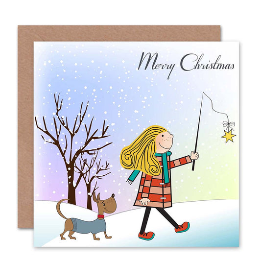 Girl with Dog Winter Merry Christmas Card