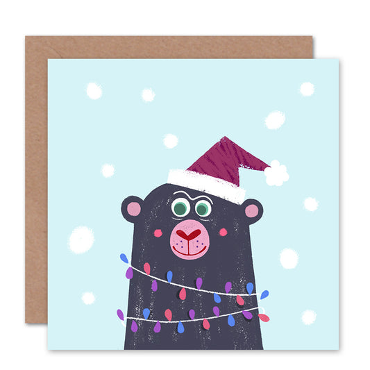Bear Wrapped in Lights Cute Animal Christmas Card