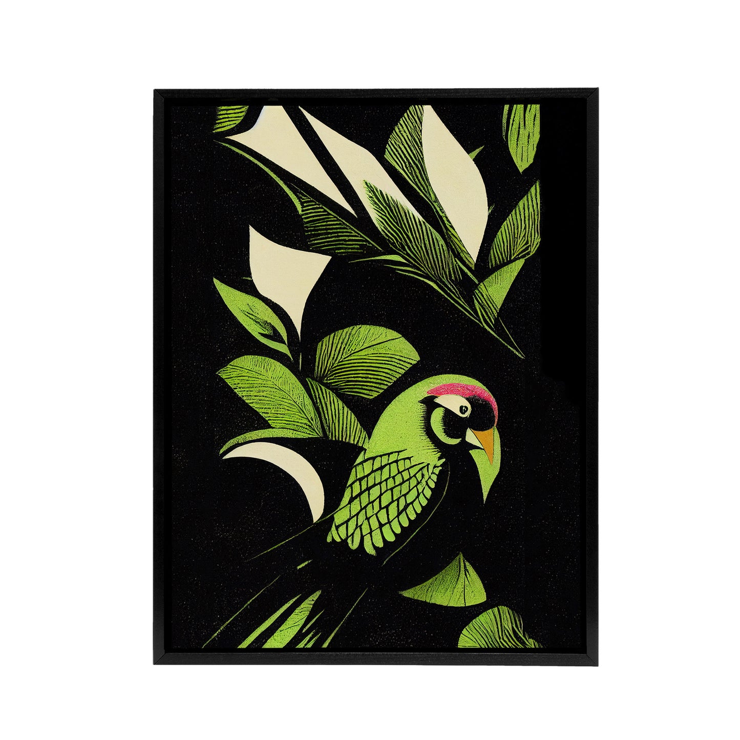 Jungle Leaves With Parrot Black Framed Canvas Wall Art Print