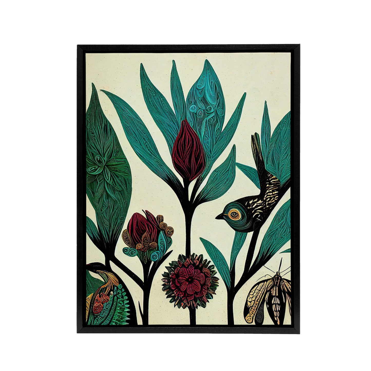 Folk Art Flowers Birds Black Framed Canvas Wall Art Print