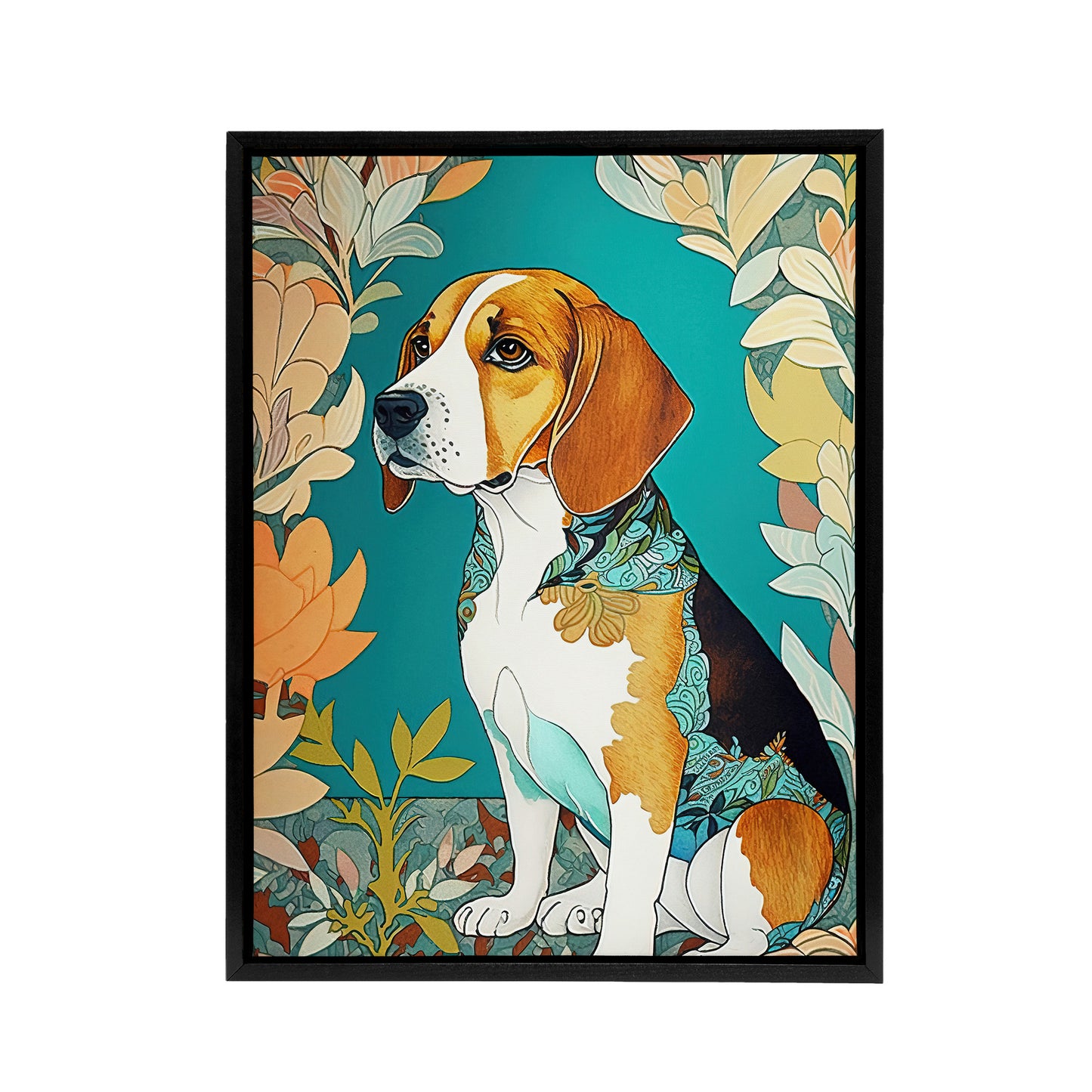 Beagle Dog Modern Art Nouveau Black Framed Canvas Wall Art Print