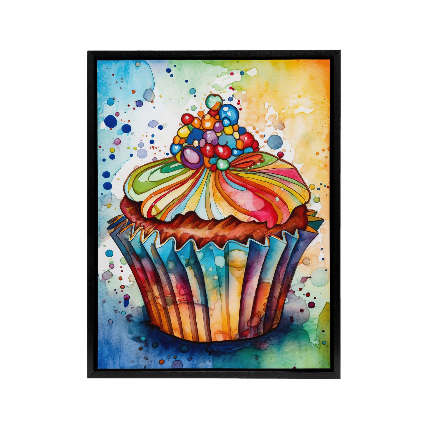 Cupcake Vibrant Watercolour Kitchen Decor Black Framed Canvas Art Print