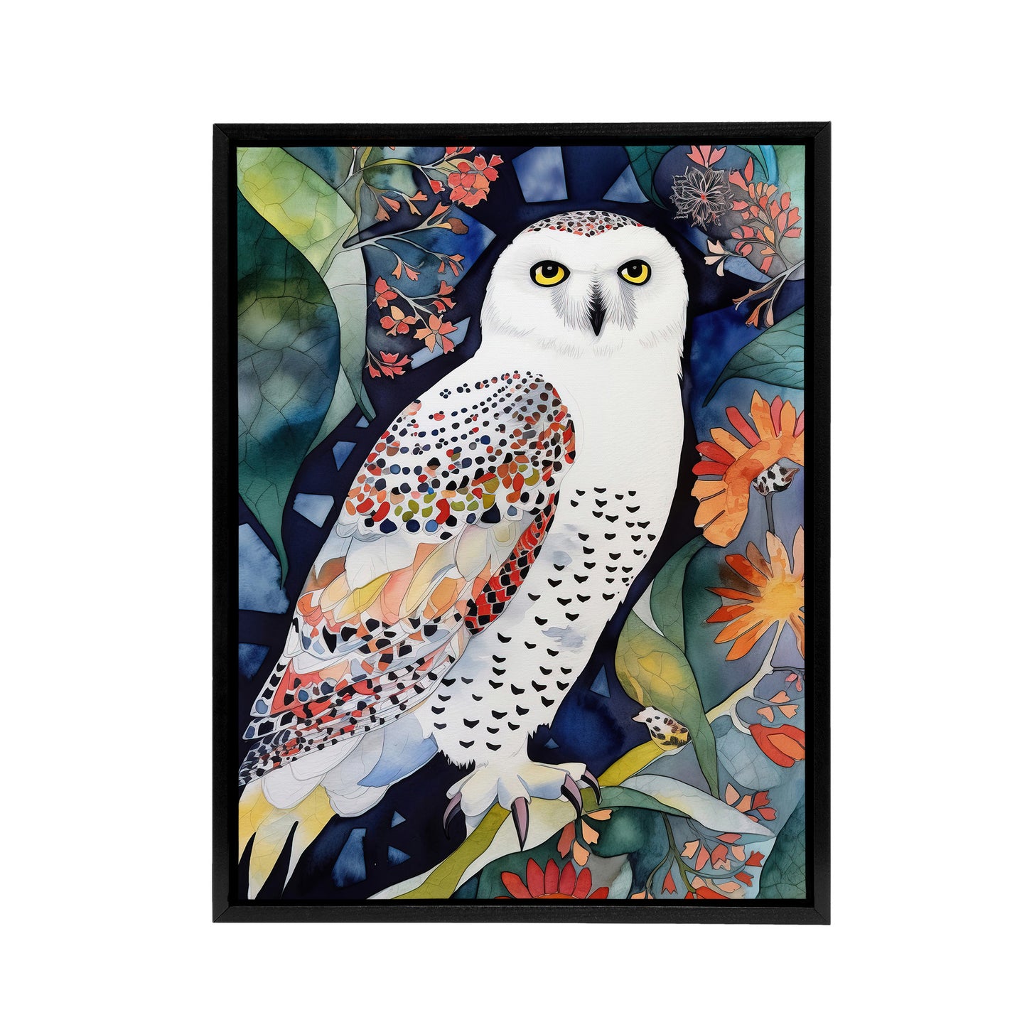 Snowy Owl On Blooming Tree Folk Art Black Framed Canvas Wall Art Print