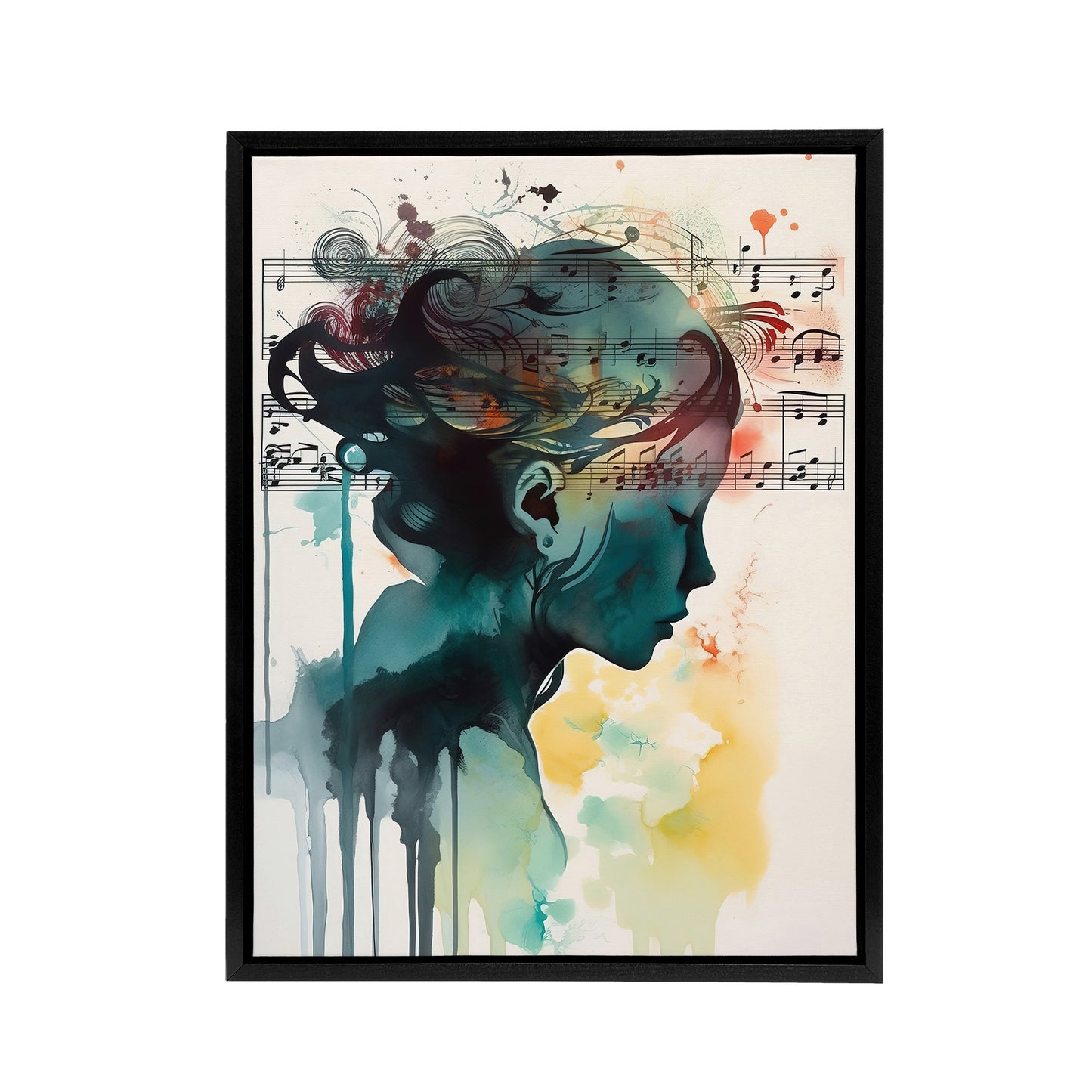 Woman Watercolour Portrait With Music Notes Black Framed Canvas Art Print
