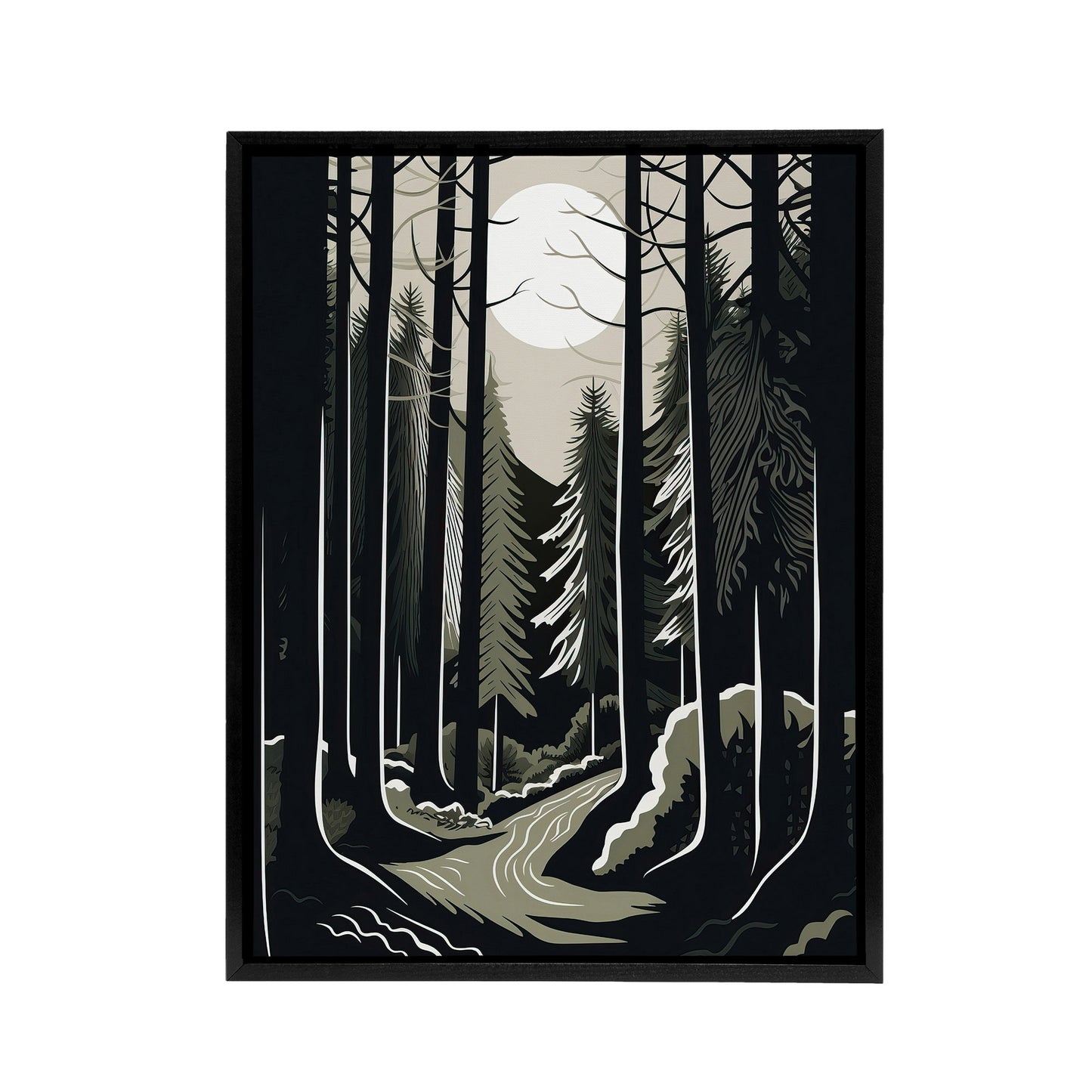 Full Moon Over Forest Landscape Black Framed Canvas Wall Art Print