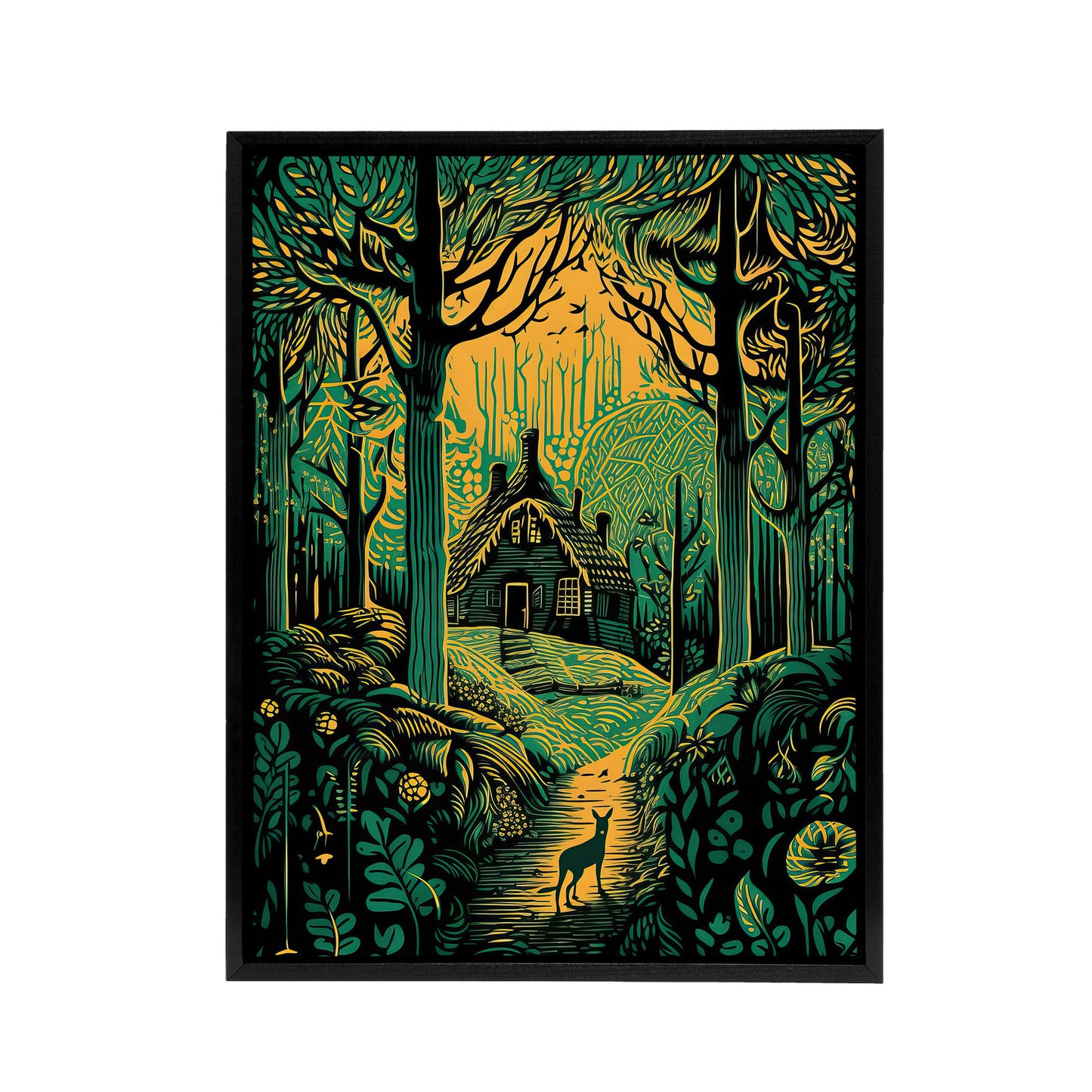 Cabin Hut In A Forest At Sunrise Black Framed Canvas Wall Art Print