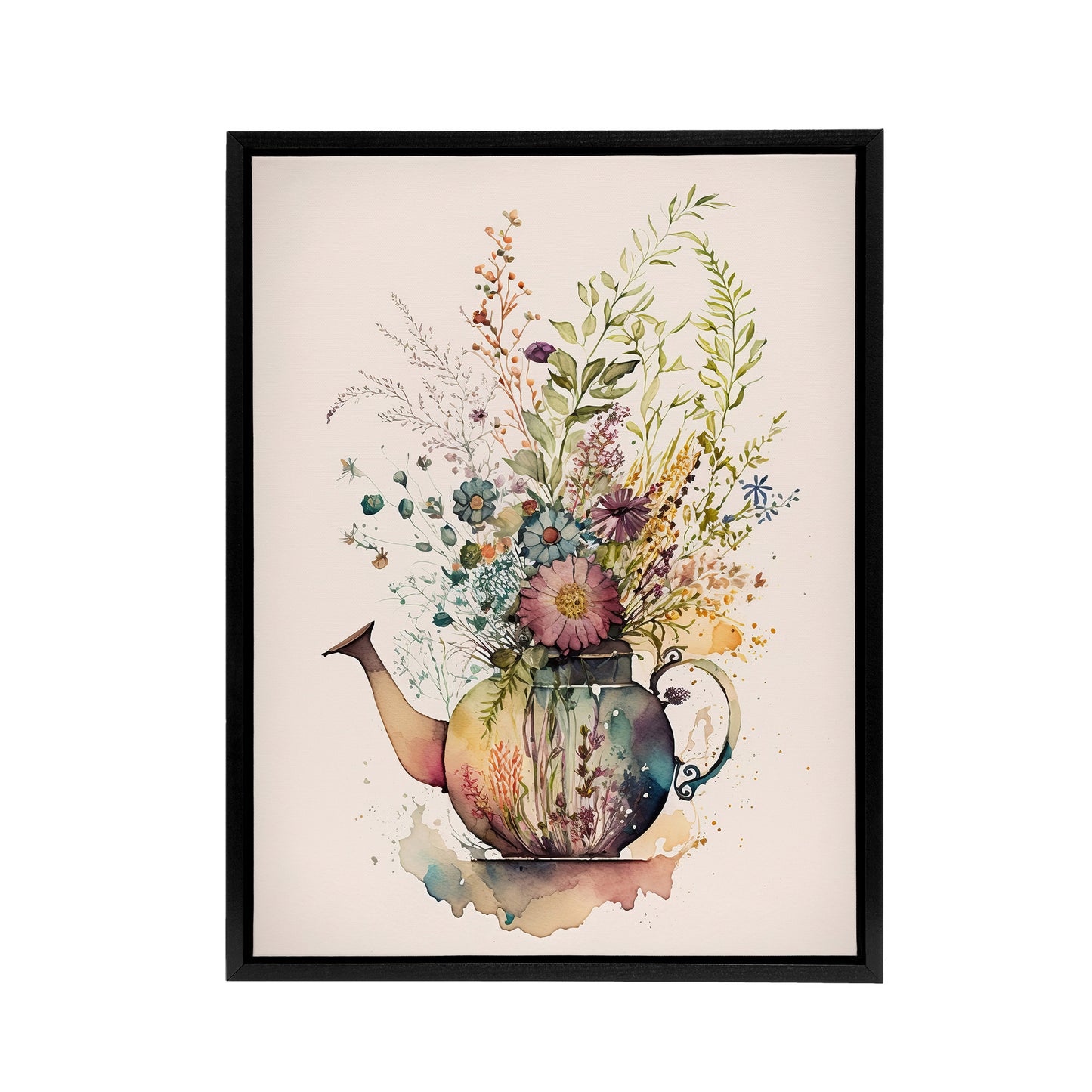Wildflower Floral Bouquet In Teapot Vase Black Framed Canvas Art Print
