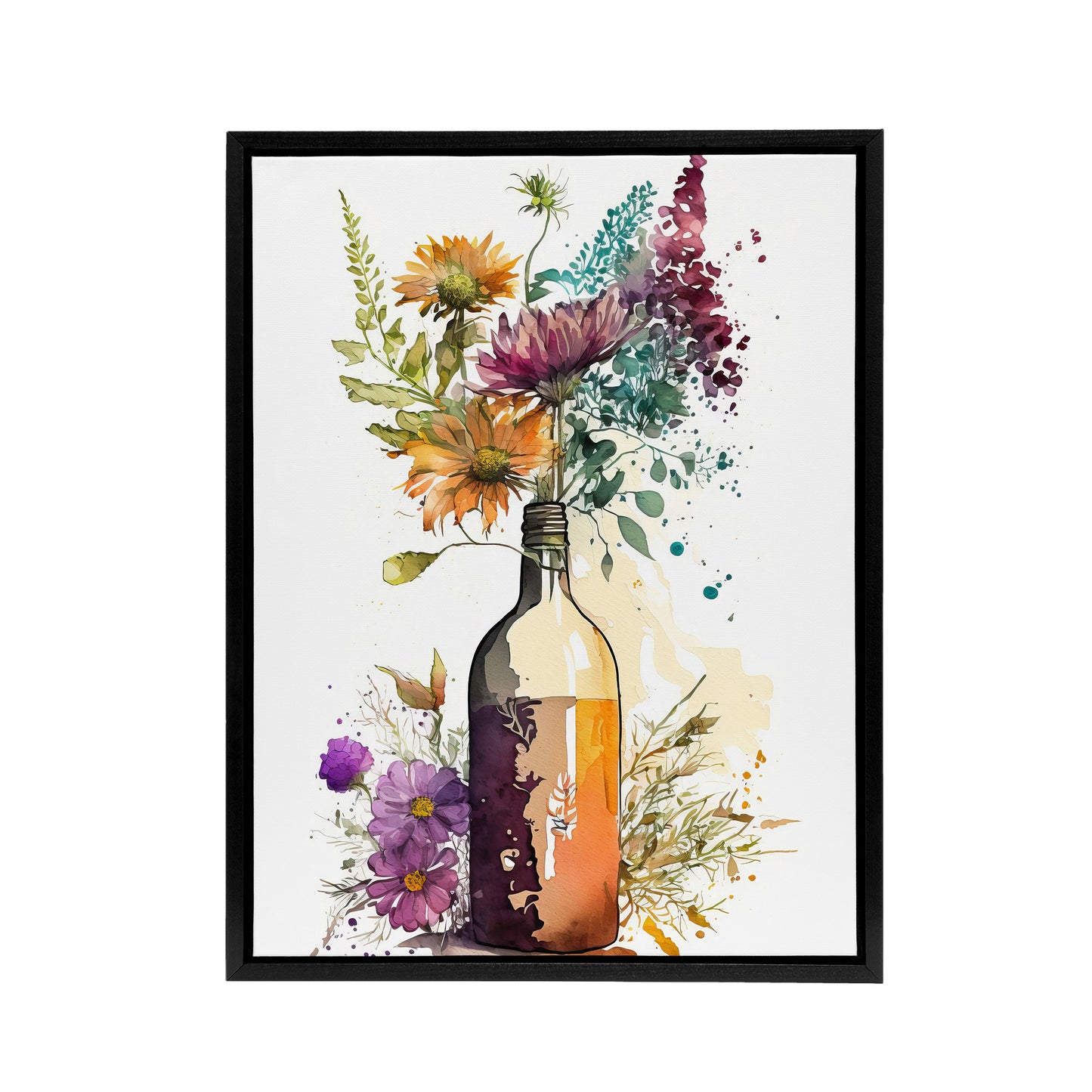 Wildflower Bouquet In Wine Bottle Floral Black Framed Canvas Art Print