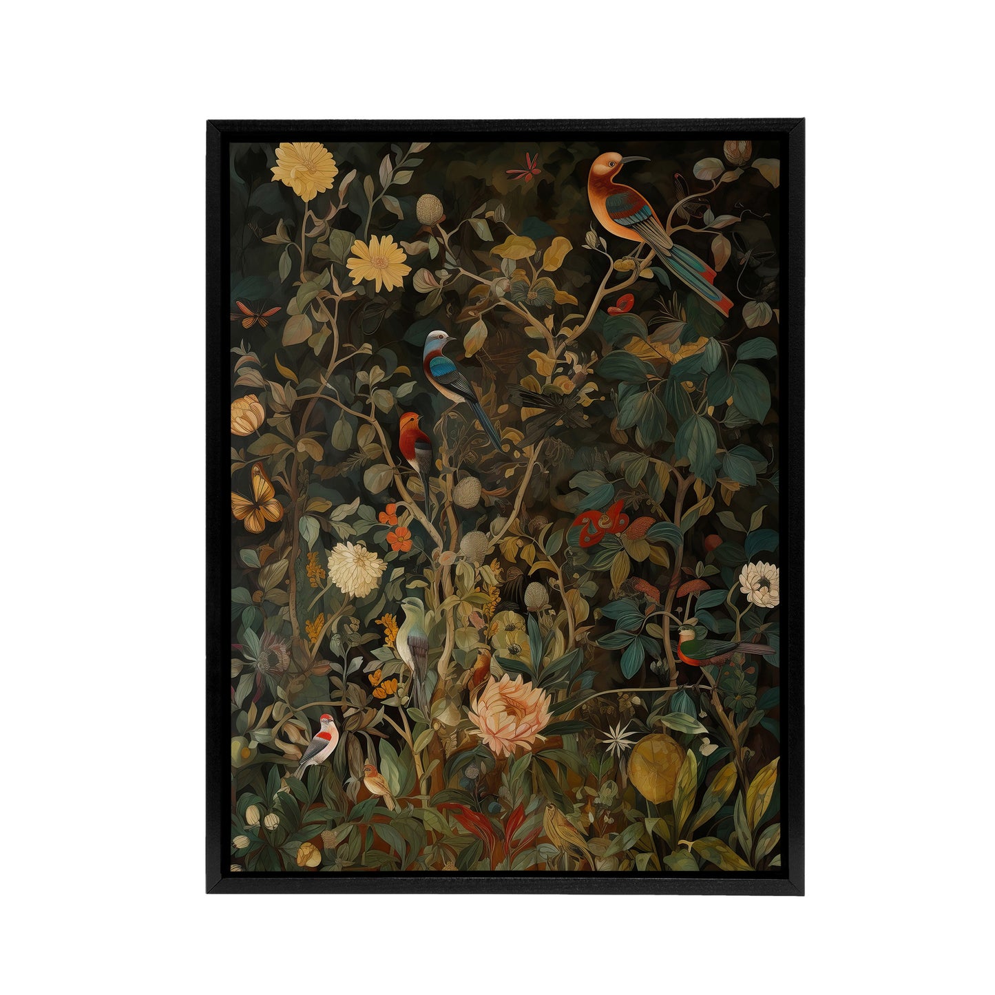 Birds In Flowering Shrubs Floral Black Framed Canvas Wall Art Print