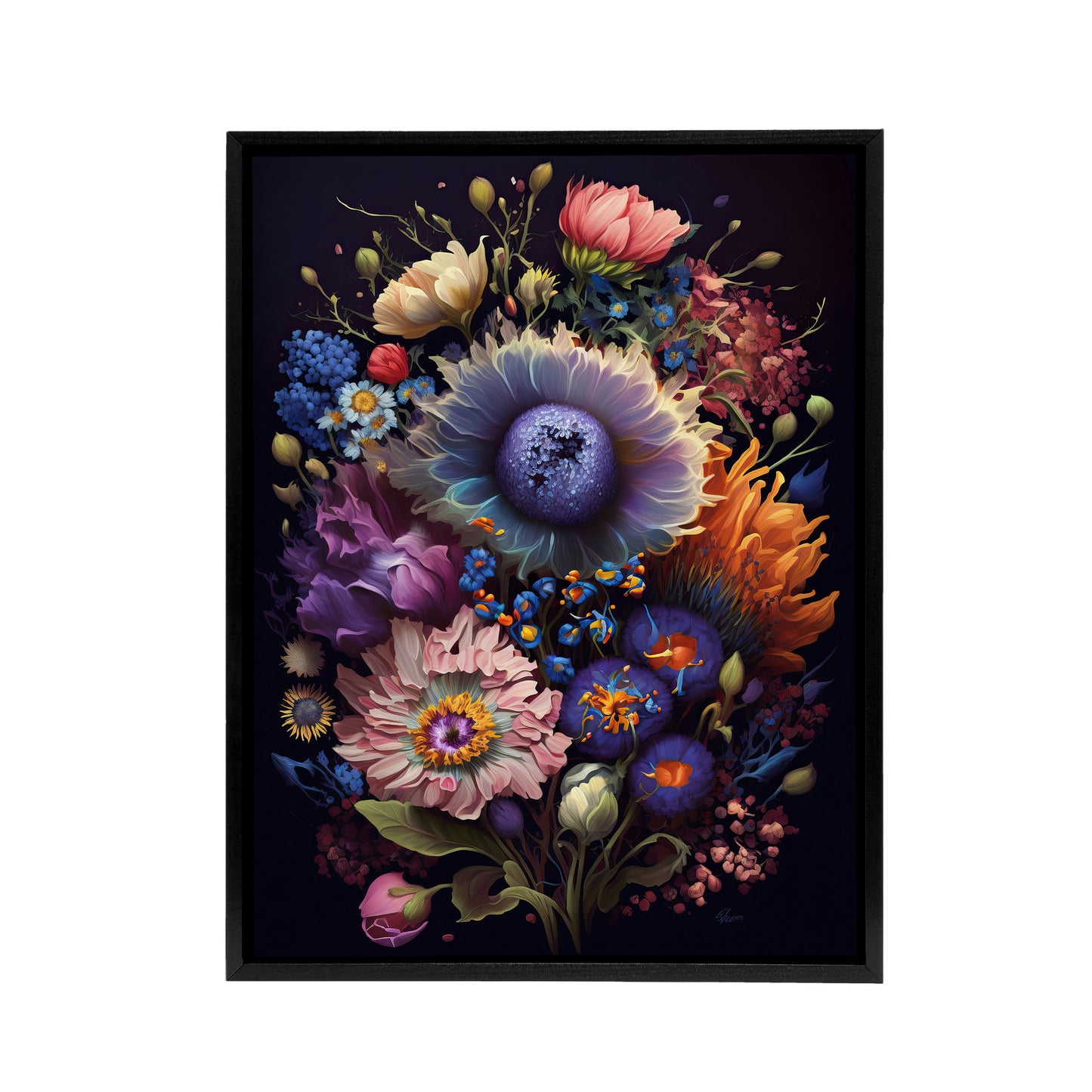 Flower Bouquet Floral Black Framed Canvas Wall Art Print