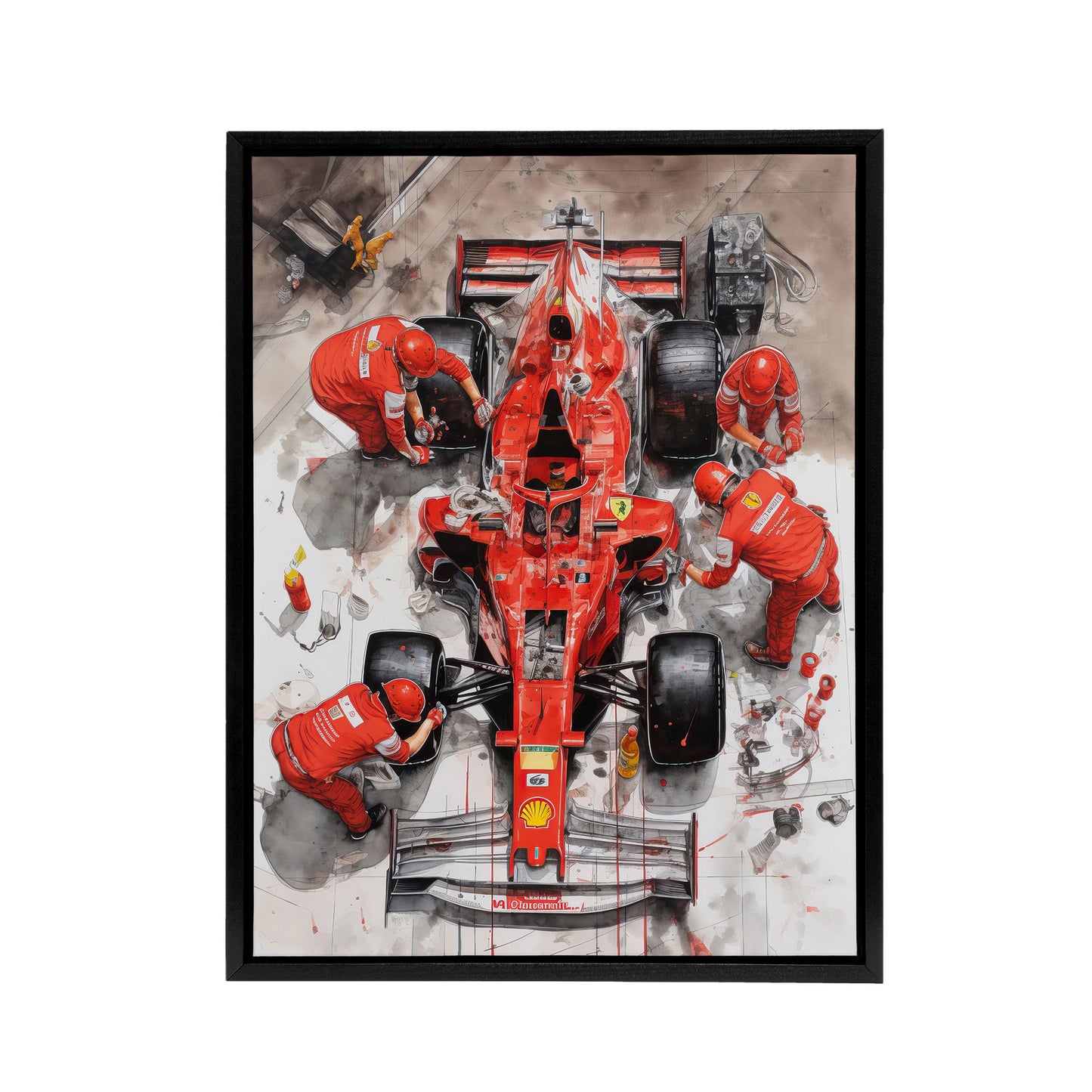 Grand Prix Race Car Wheel Change Black Framed Canvas Wall Art Print