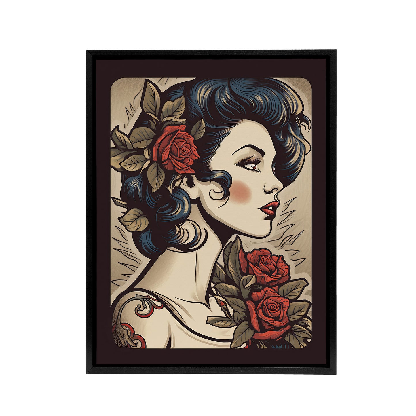 Pin Up Girl Floral Rockabilly Tattoo Style Black Framed Canvas Art Print