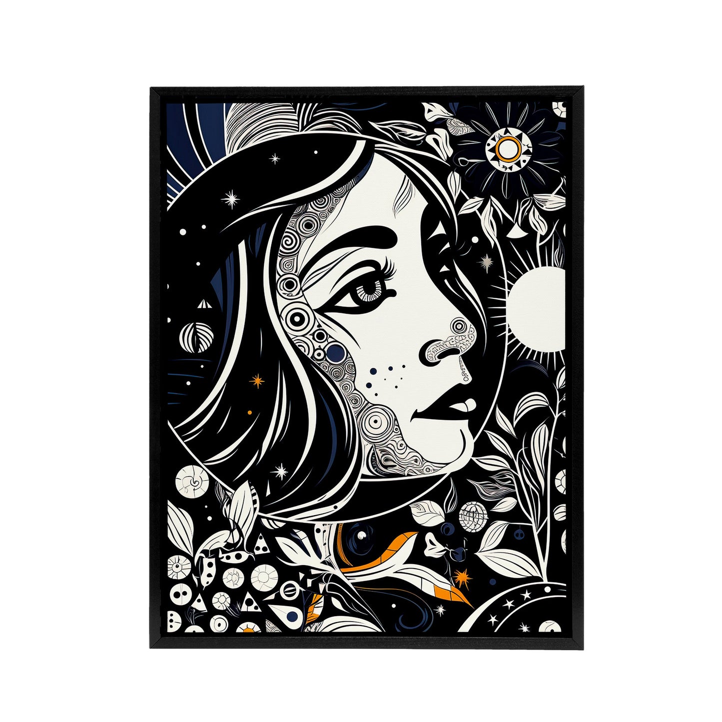 Moon And Sun Tarot Card Style Portrait Black Framed Canvas Wall Art Print