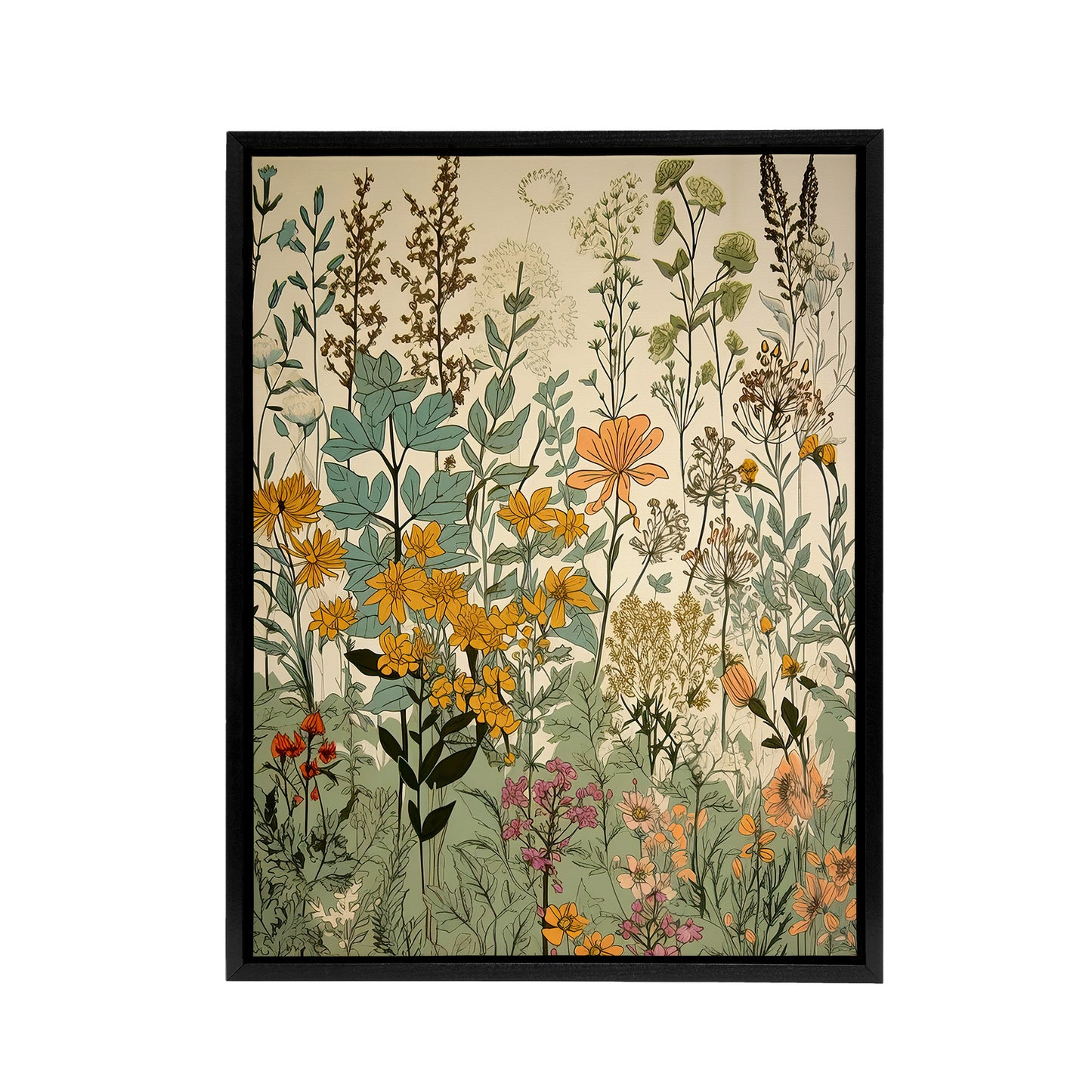 Wildflower Field Vintage Botanical Black Framed Canvas Wall Art Print