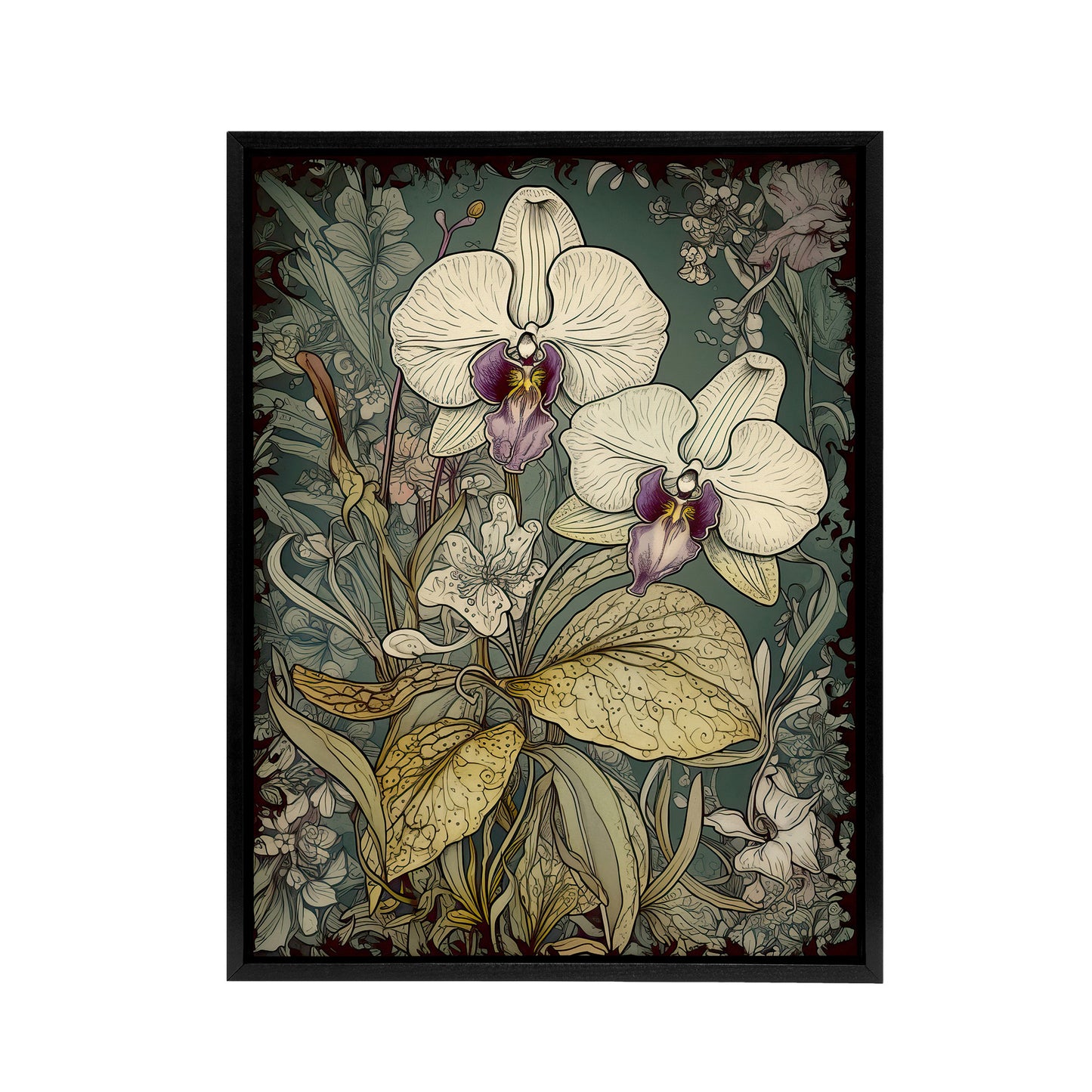 Orchid Flowers Art Nouveau Black Framed Canvas Wall Art Print