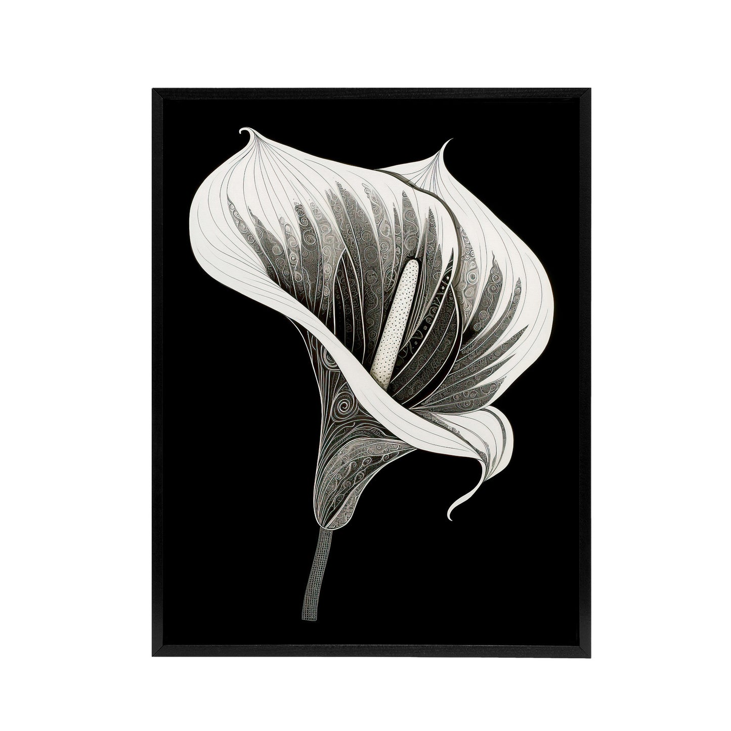 Batik Style Black White Calla Lily Flower Black Framed Canvas Art Print