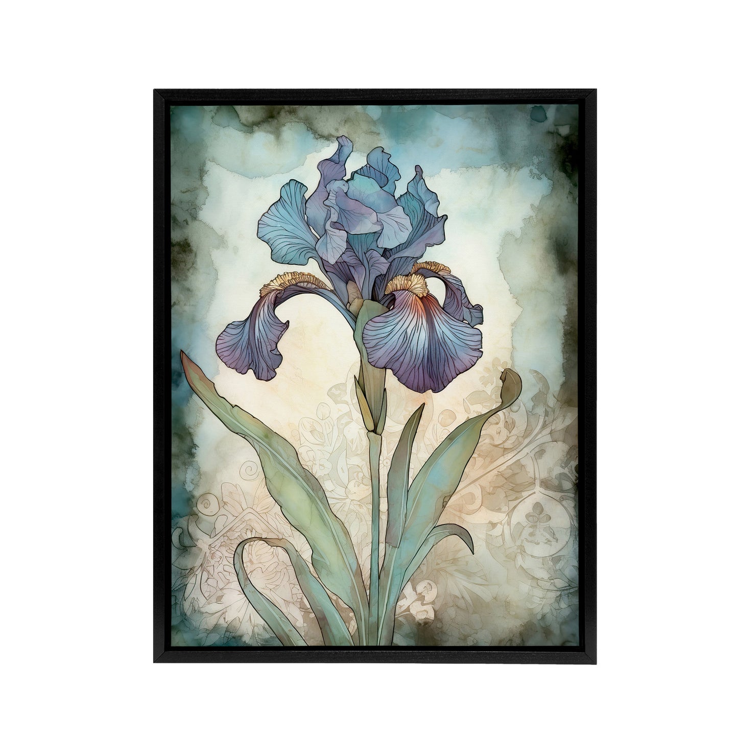 Blue Iris Flower Floral Art Nouveau Black Framed Canvas Wall Art Print