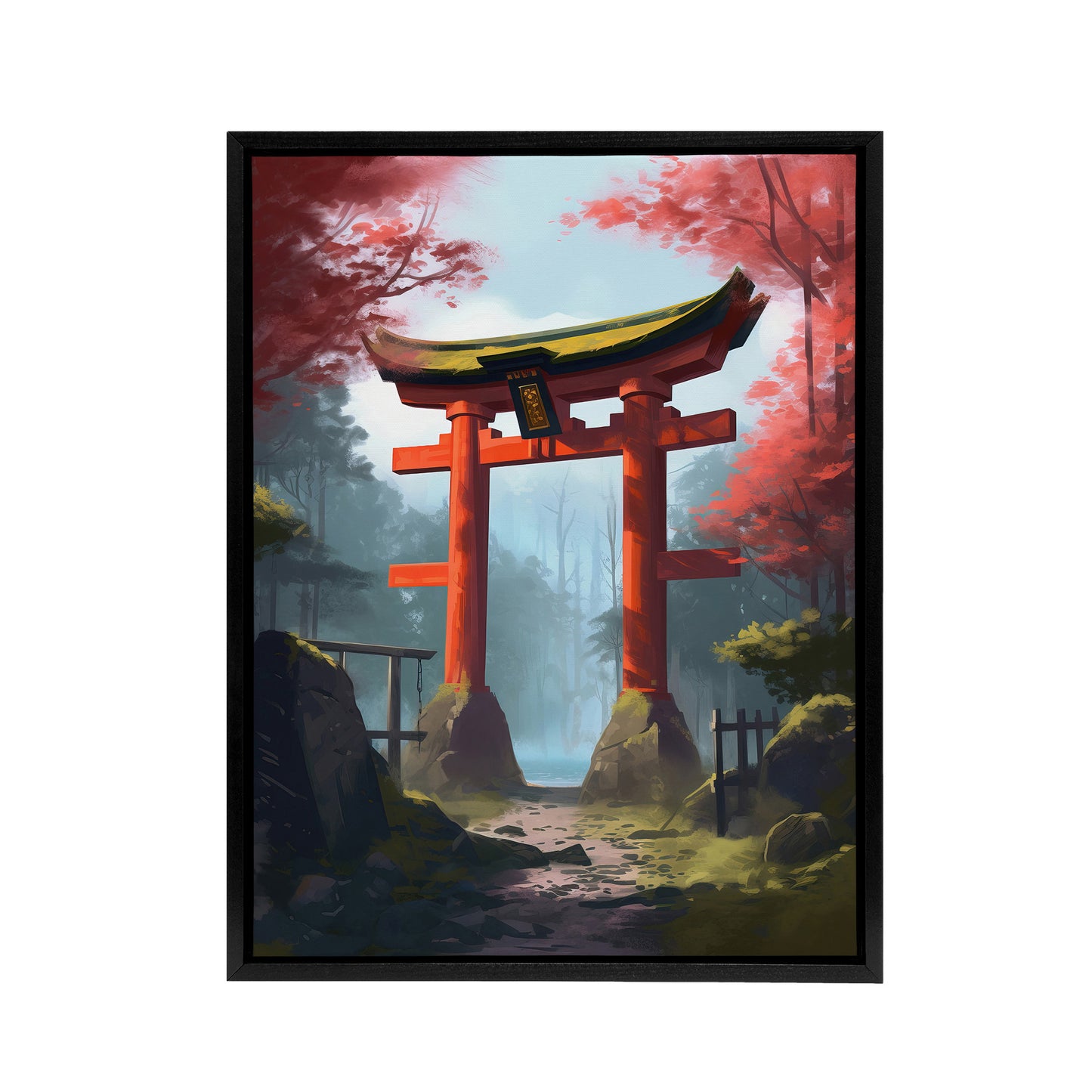 Japanese Torii Gate in Forest Landscape Black Framed Canvas Wall Art Print