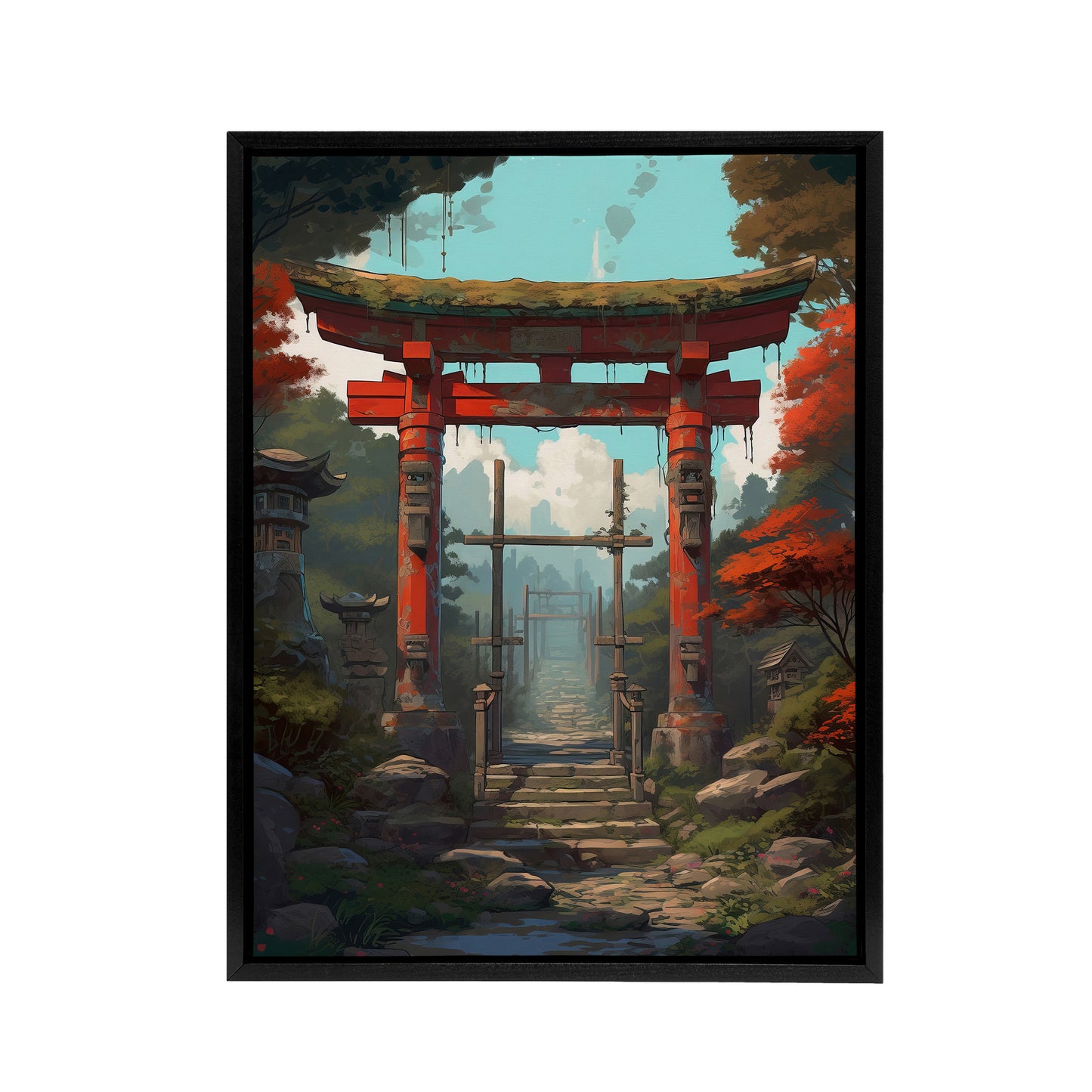 Japanese Torii Gate To Shinto Shrine Black Framed Canvas Wall Art Print