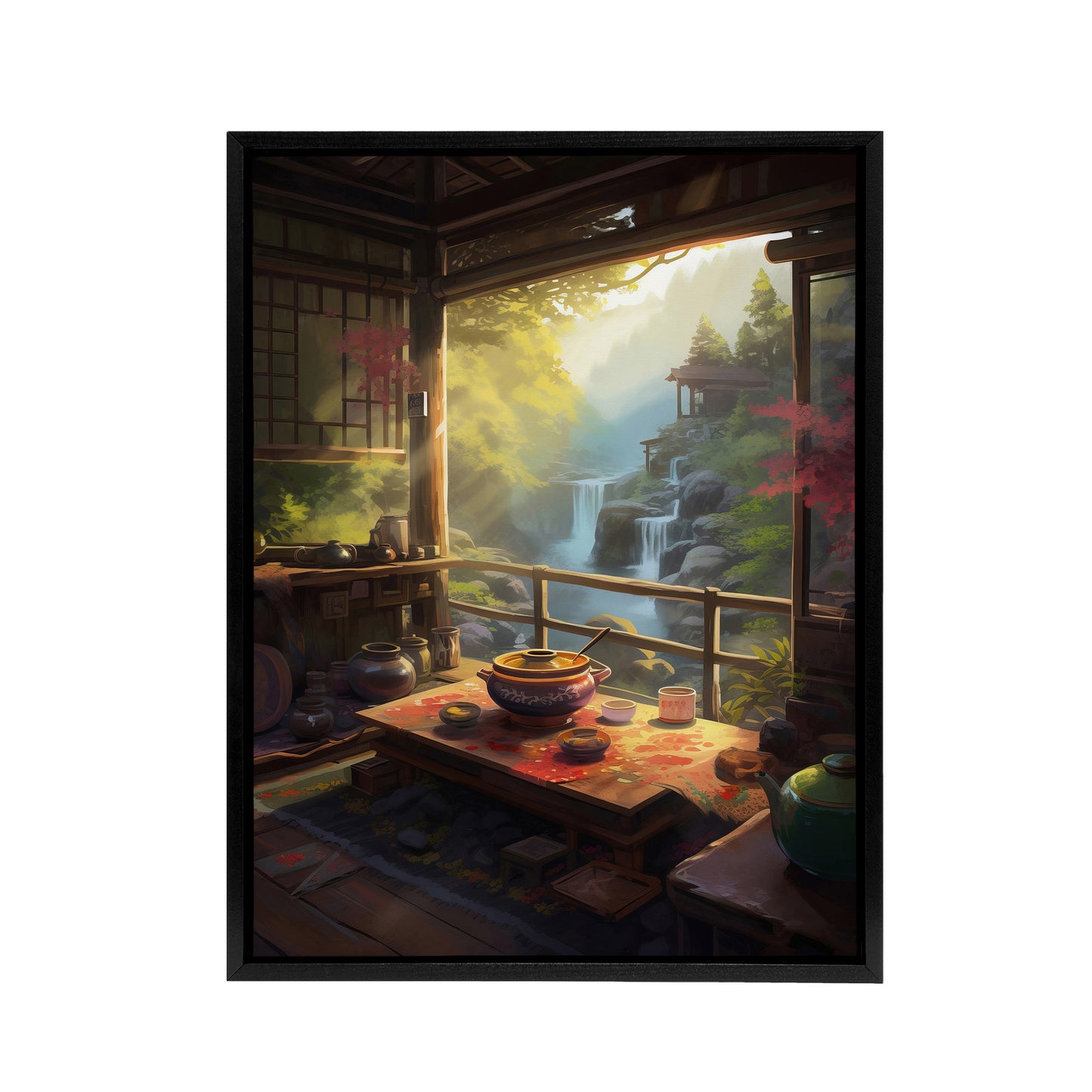 Waterfall View From Japanese Tea House Patio Black Framed Canvas Wall Art