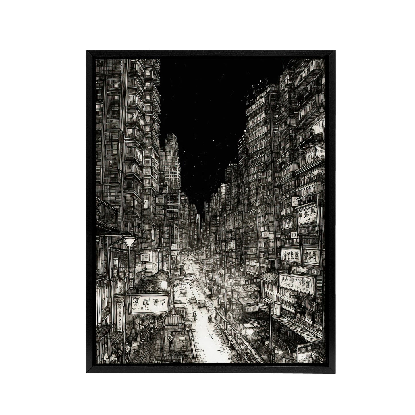 Tokyo At Night Japan Cityscape Sketch Black Framed Canvas Wall Art Print