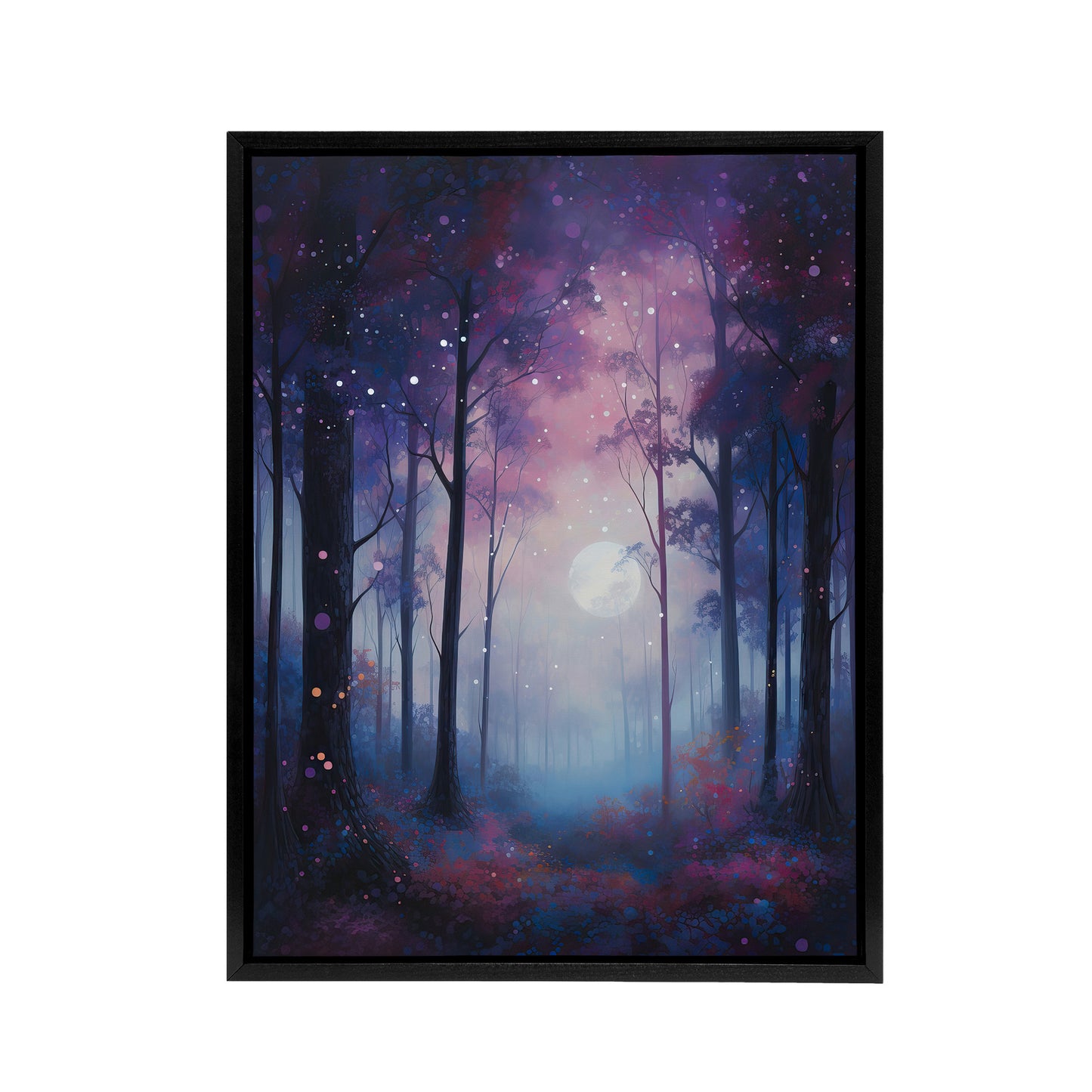 Full Moon In Enchanted Forest Black Framed Canvas Wall Art Print