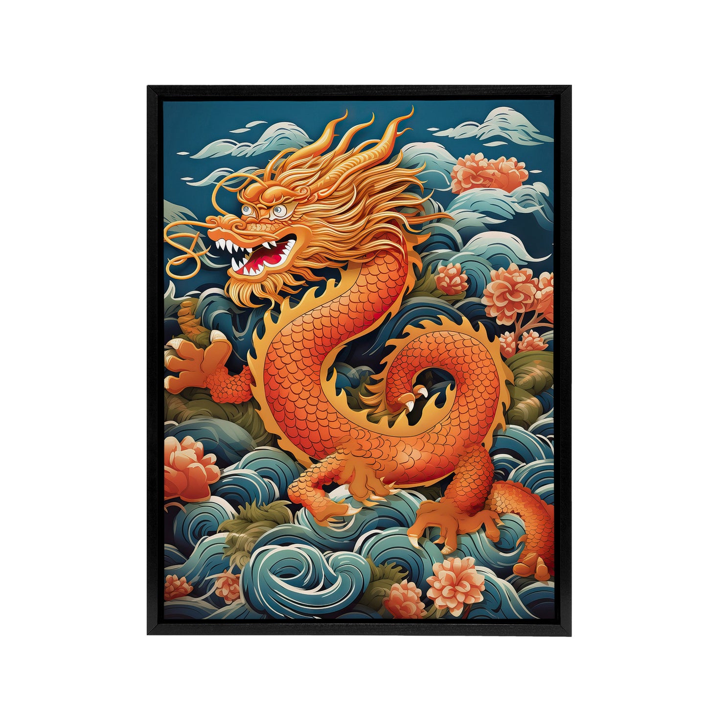 Traditional Chinese Dragon Fantasy Black Framed Canvas Wall Art Print