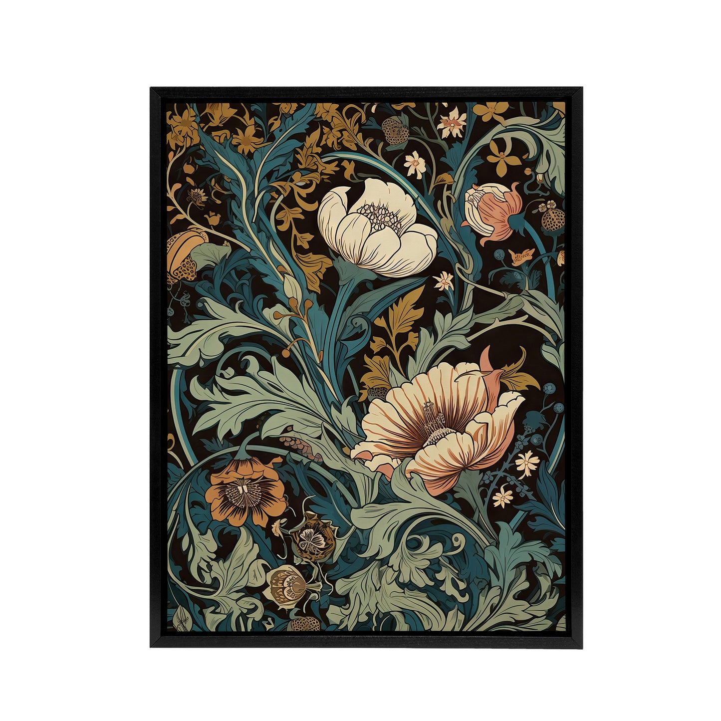 Flowers And Leaves Art Nouveau Black Framed Canvas Wall Art Print
