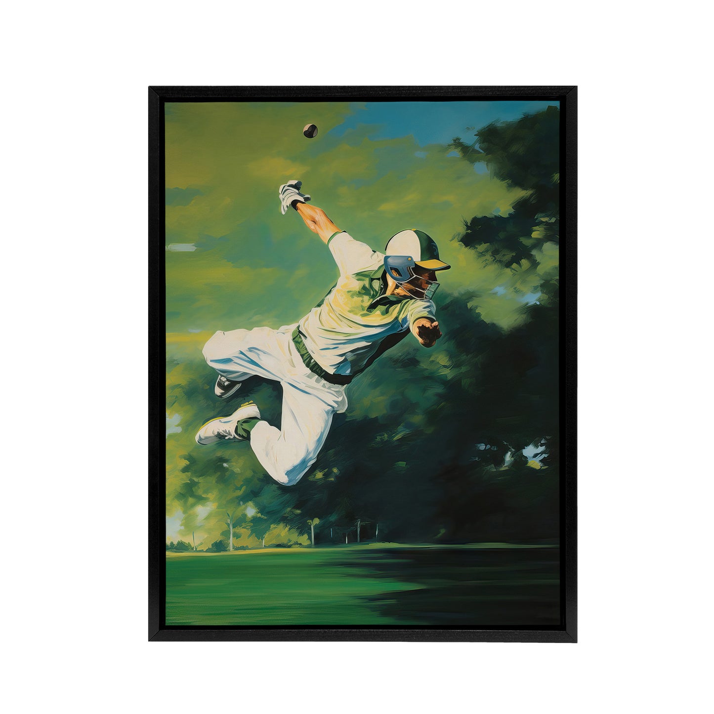 Cricket Match Outfield Diving Catch Black Framed Canvas Wall Art Print