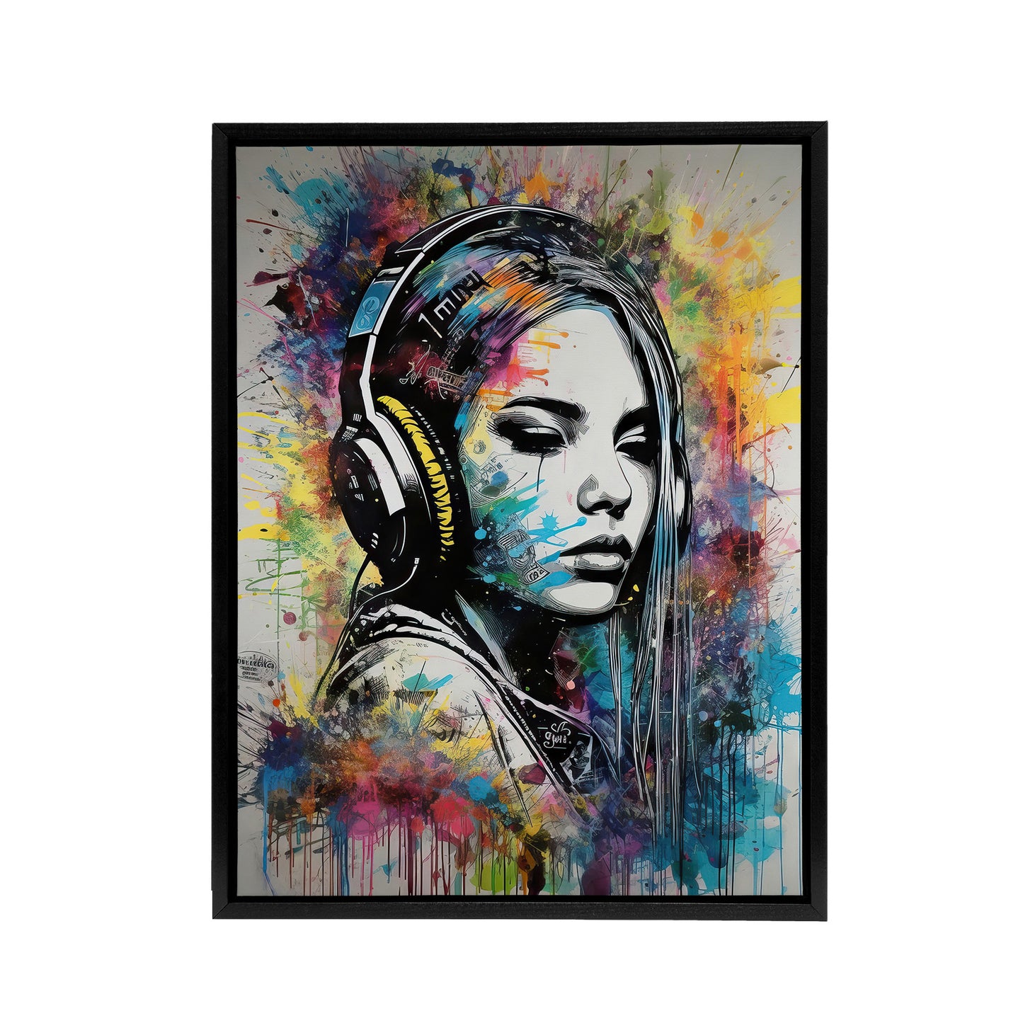 Girl With Headphones Music Paint Splat Black Framed Canvas Wall Art Print