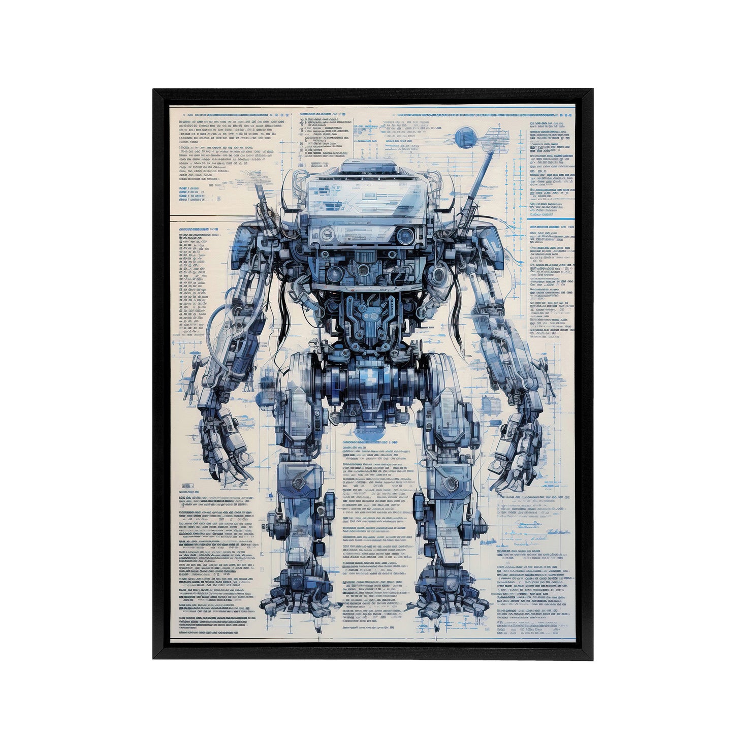 Mech War Military Robot Schematic Black Framed Canvas Wall Art Print