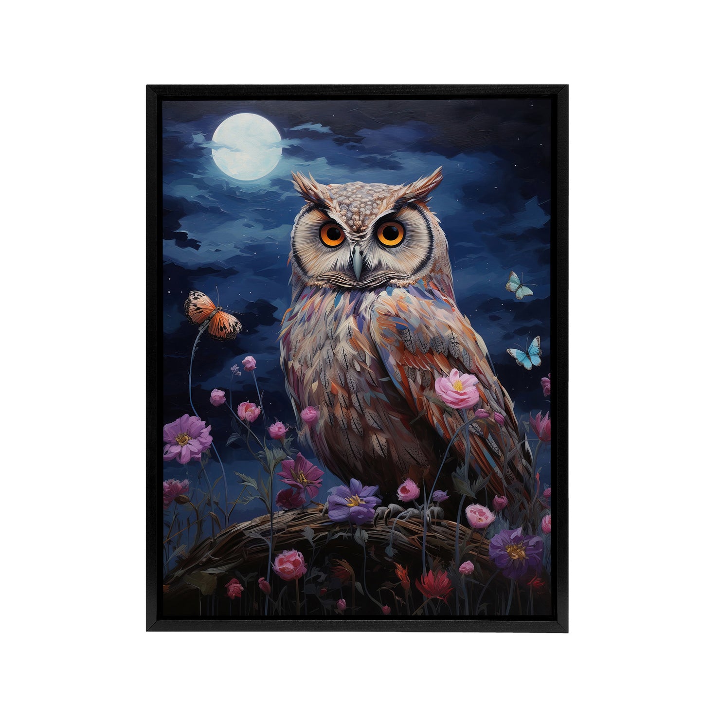 Owl With Wildflowers Under A Full Moon Black Framed Canvas Wall Art Print