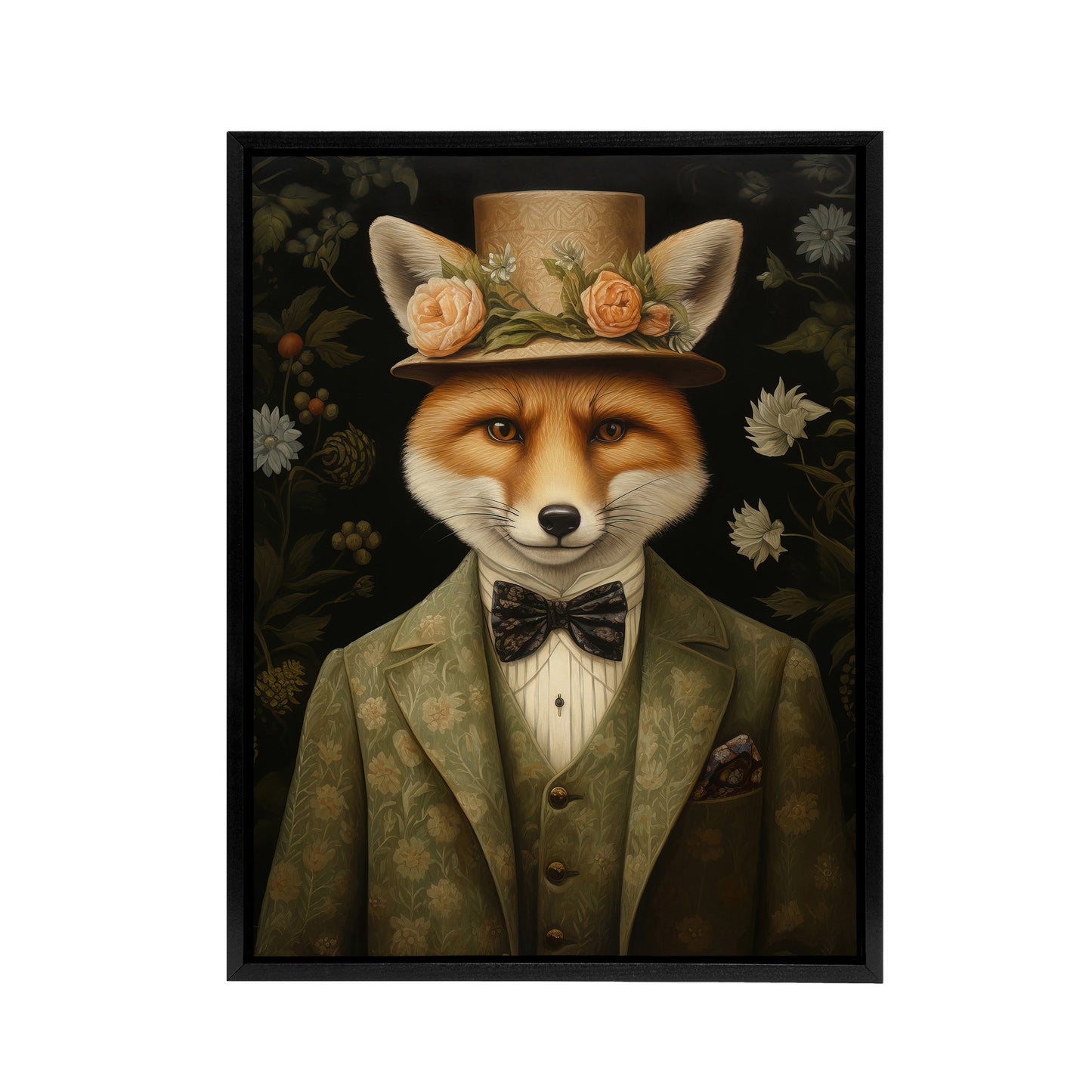 Gentleman Fox In Floral Victorian Suit Black Framed Canvas Wall Art Print
