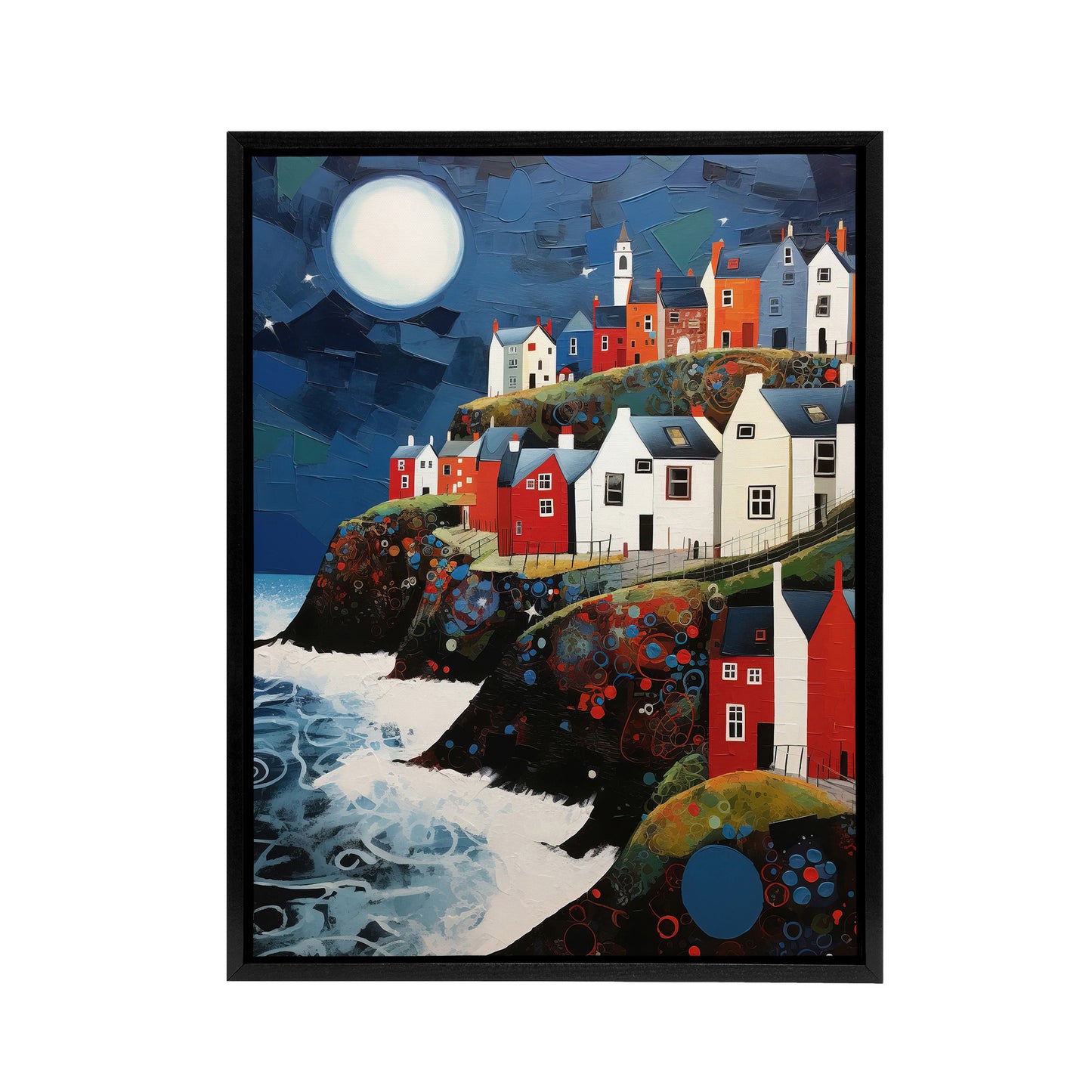 Seaside Cliff Village Houses Folk Art Black Framed Canvas Wall Art Print