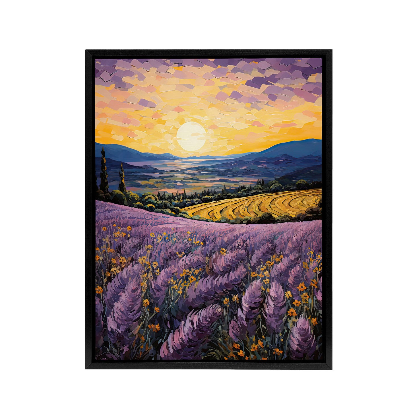 Lavender Fields At Sunrise Black Framed Canvas Wall Art Print