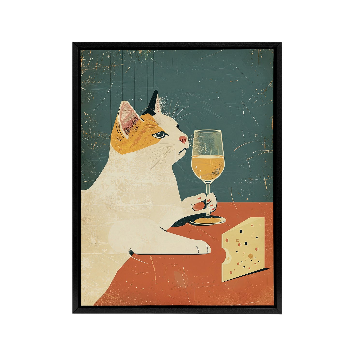 Cat Drinking Wine With Cheese Black Framed Canvas Wall Art Print