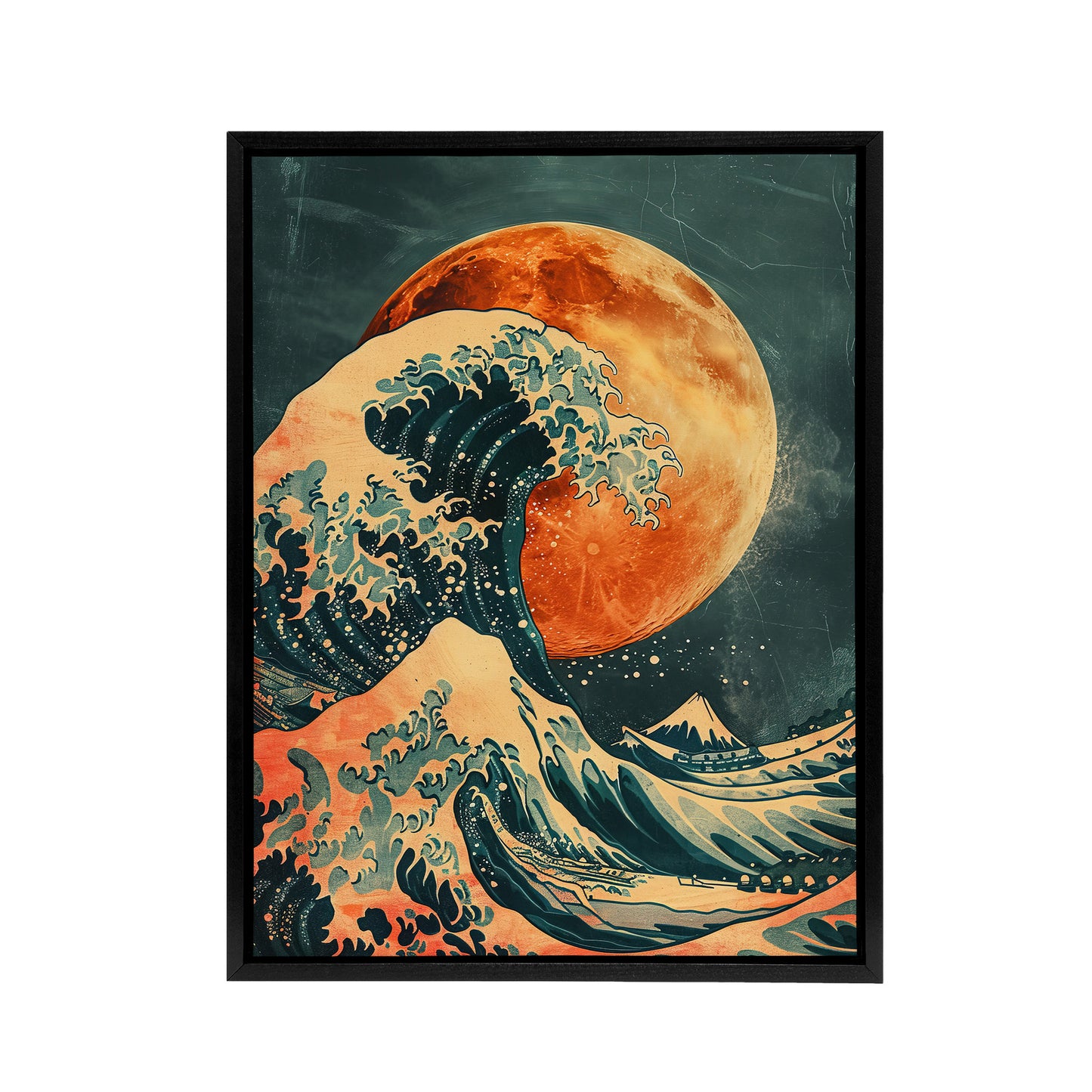 Full Moon Japanese Great Wave Black Framed Canvas Wall Art Print