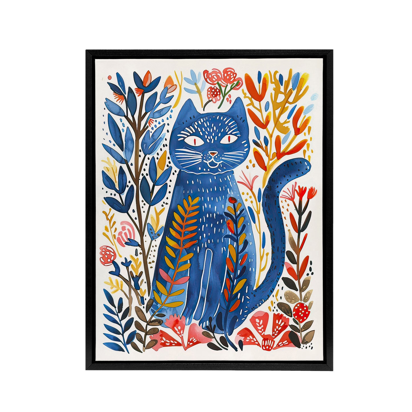 Russian Blue Cat Lover Folk Art Black Framed Canvas Wall Art Print