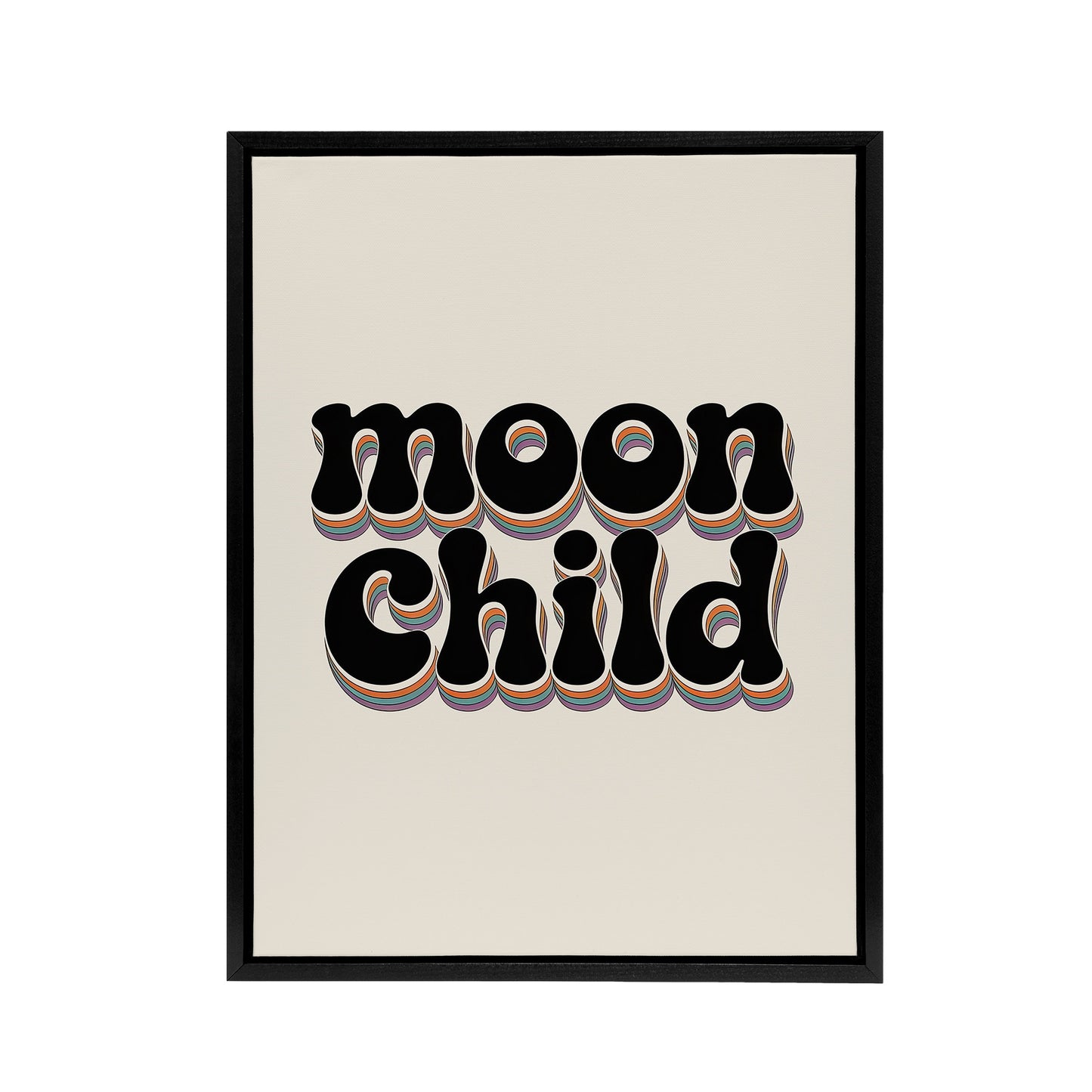 Moon Child Retro Rainbow Font Typography Black Framed Canvas Art Print