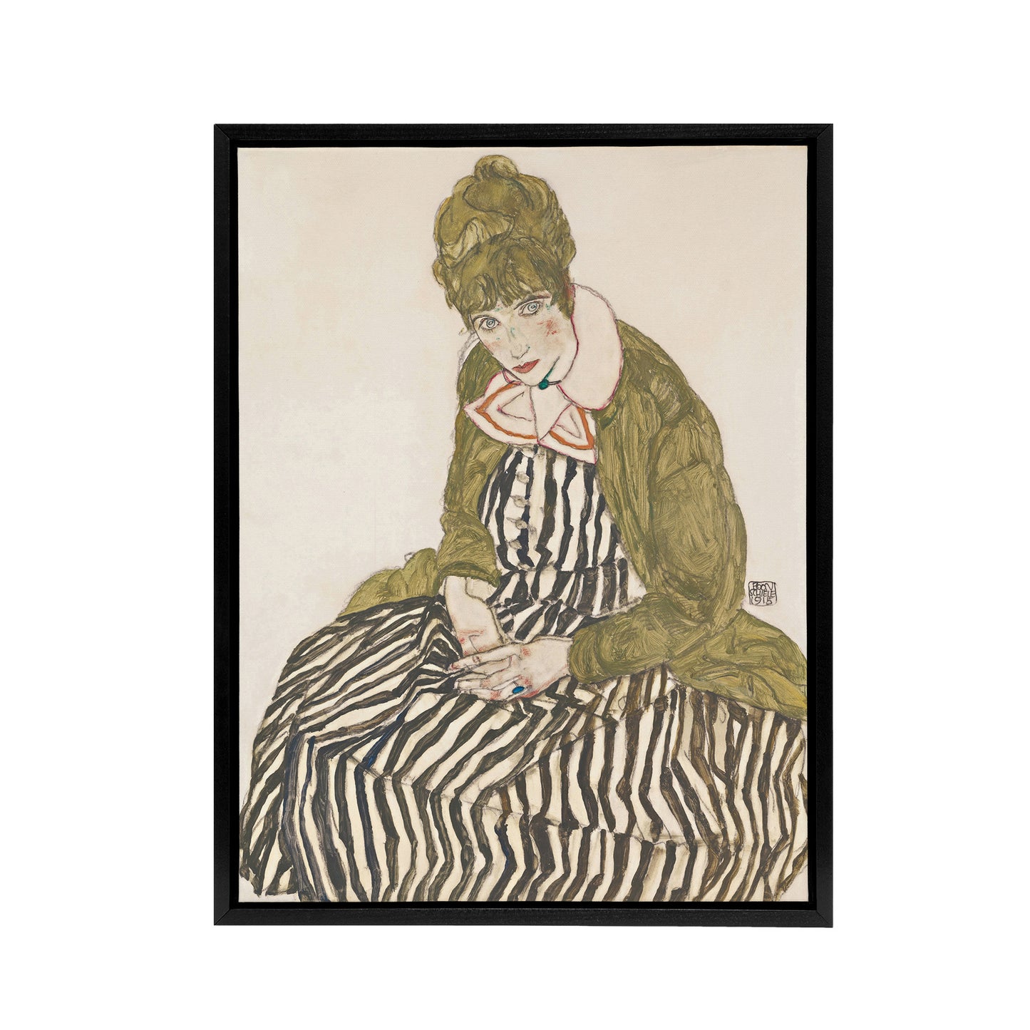 Egon Schiele Edith With Striped Dress Black Framed Canvas Wall Art Print