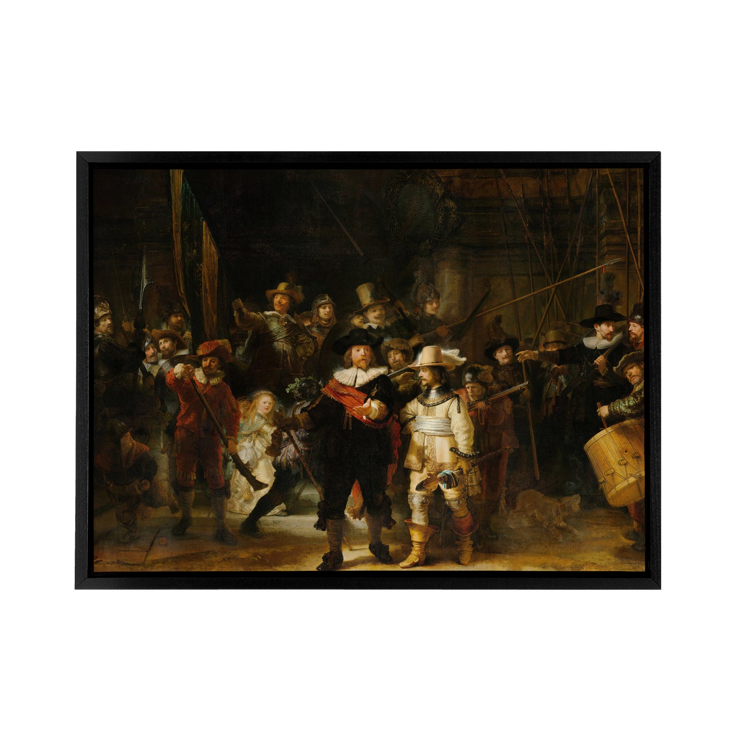 Rembrandt The Night Watch Scene Black Framed Canvas Wall Art Print