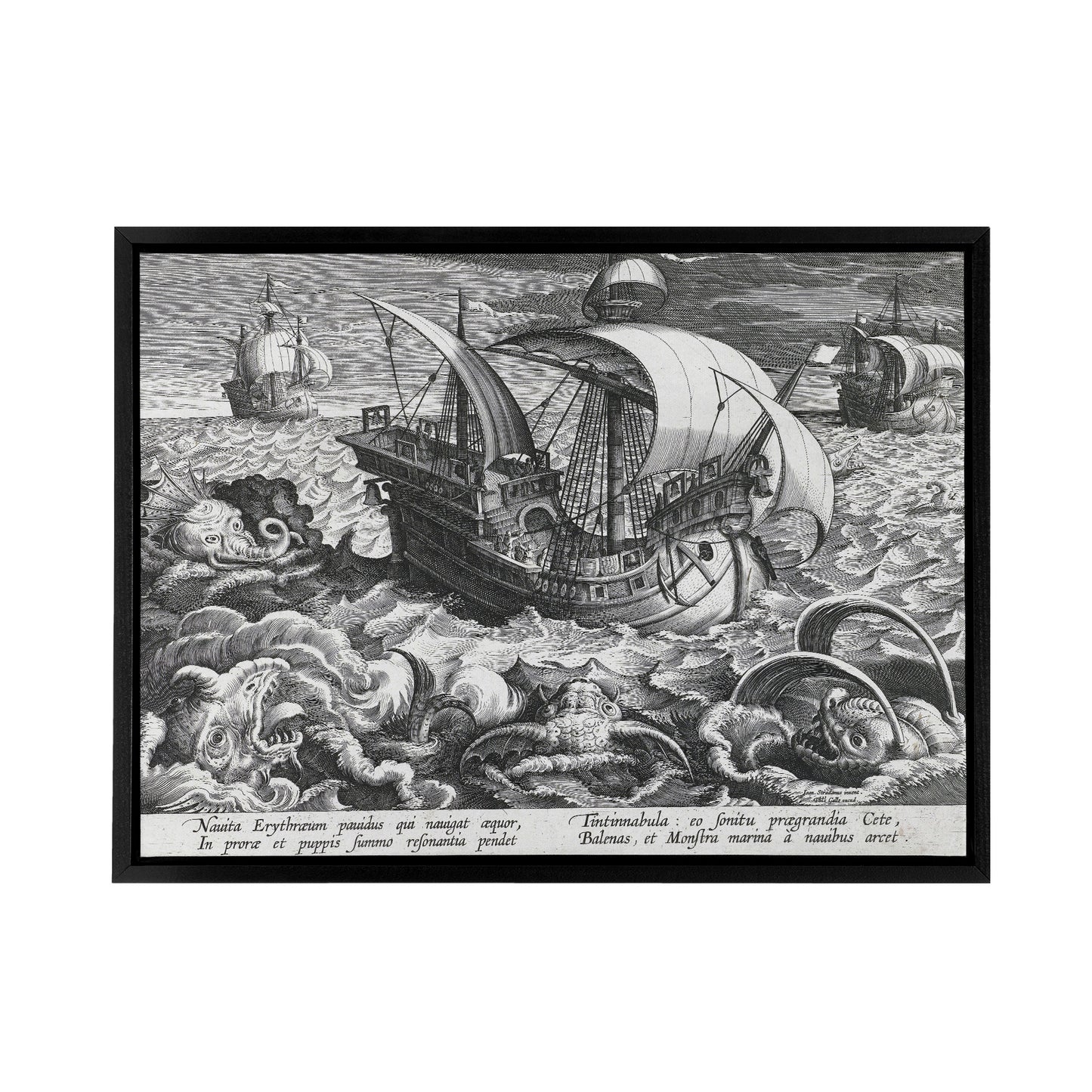 Collaert Sea Monsters Around A Ship Black Framed Canvas Wall Art Print
